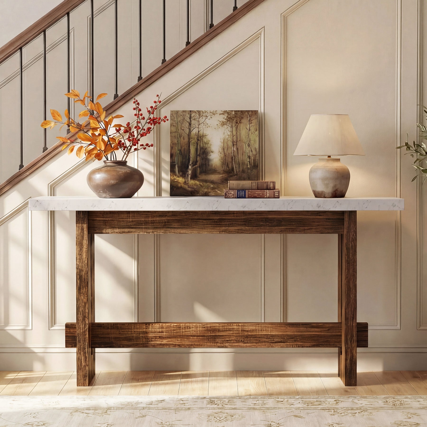 160 cm farmhouse consoletafel met marmerlook blad, smalle sidetable voor entree en woonkamer