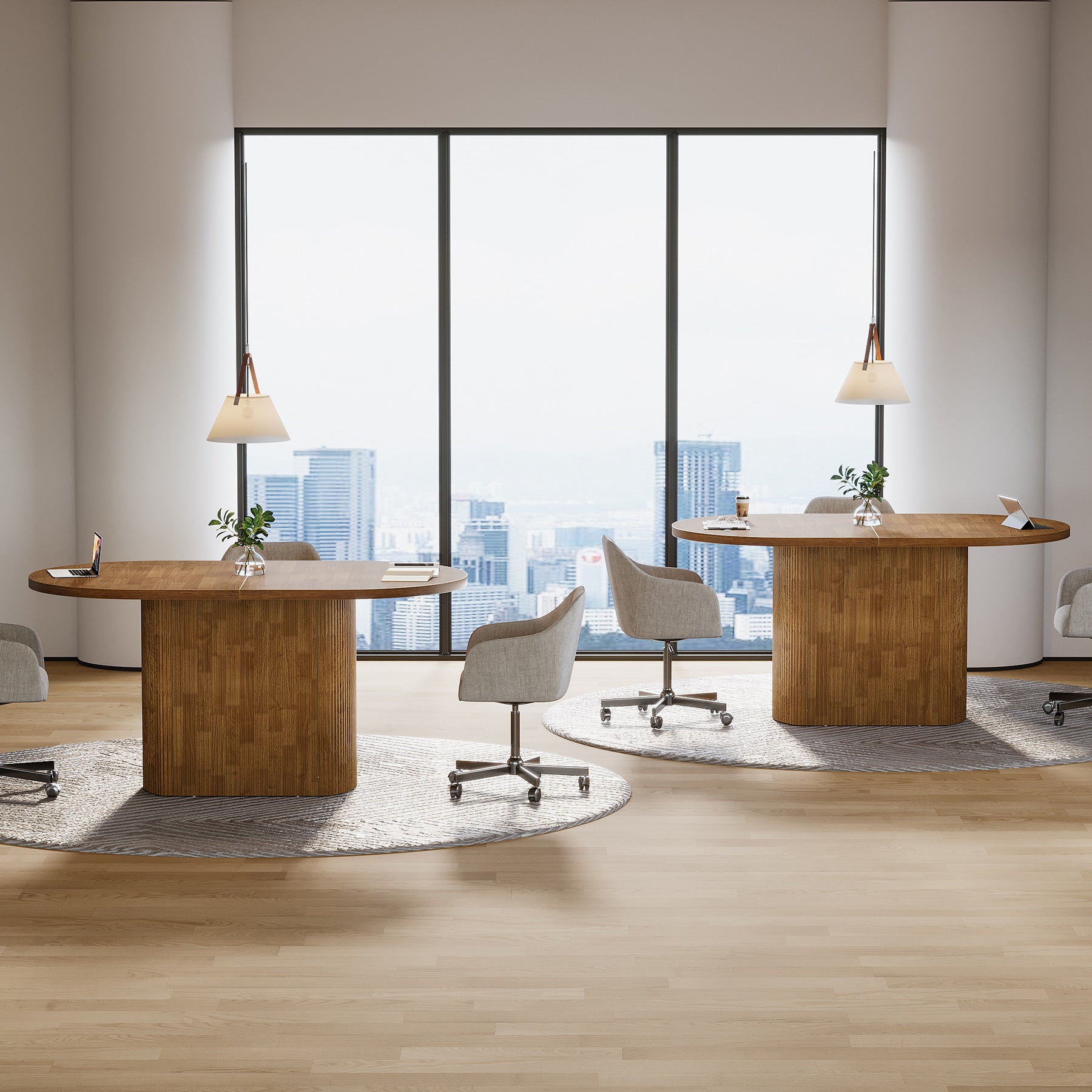 120 cm Ovale Vergadertafel voor 4 Personen, Rustieke Houten Conferentietafel met Polygonale Poot