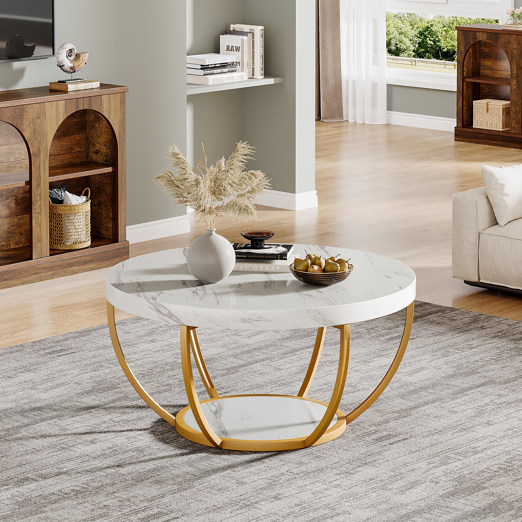80,5 cm Ronde Industriële Salontafel, Tweelaags Middentafel in Rustiek Bruin en Zwart