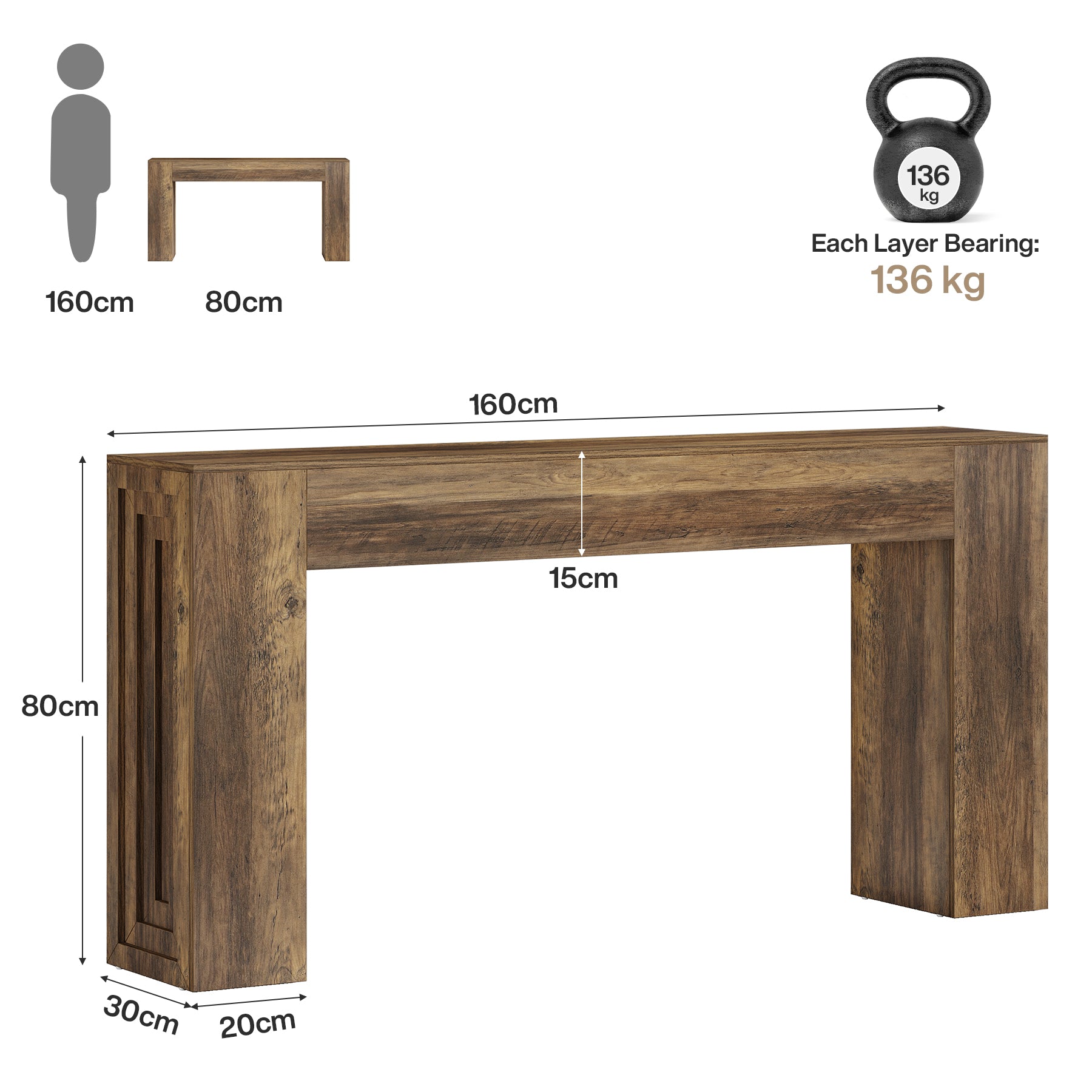160 cm Lange Consoletafel, Smalle Salontafel voor Hal en Woonkamer