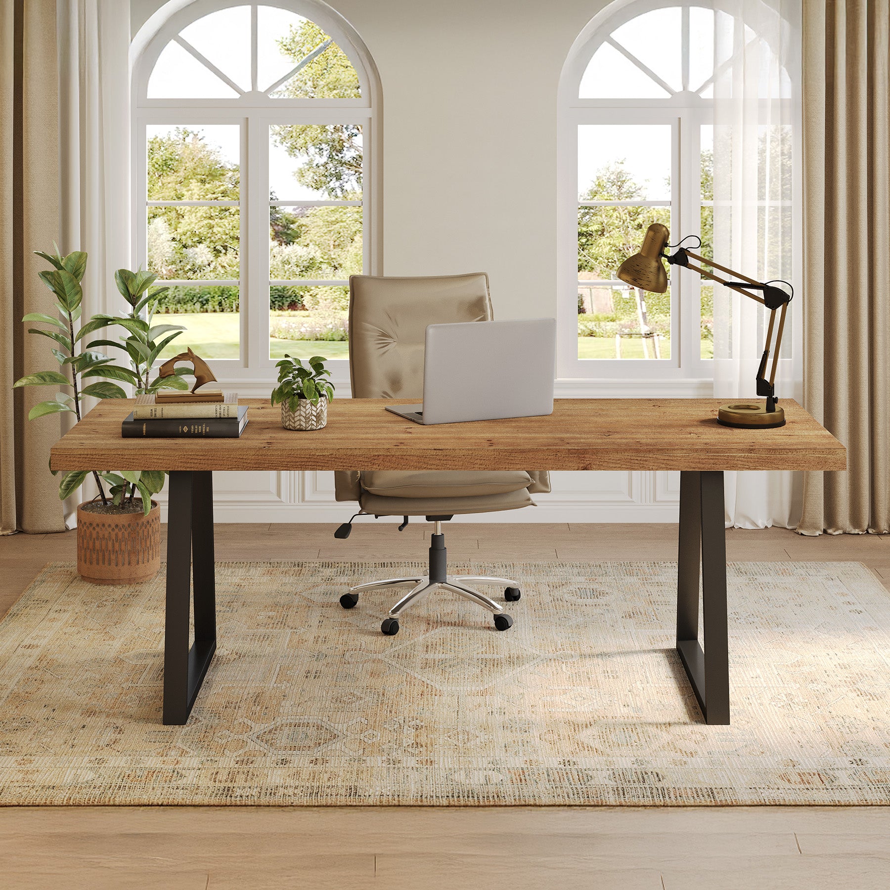 160 cm Industrieel Bureau, Massief Houten Blad met Robuuste Metalen Poten