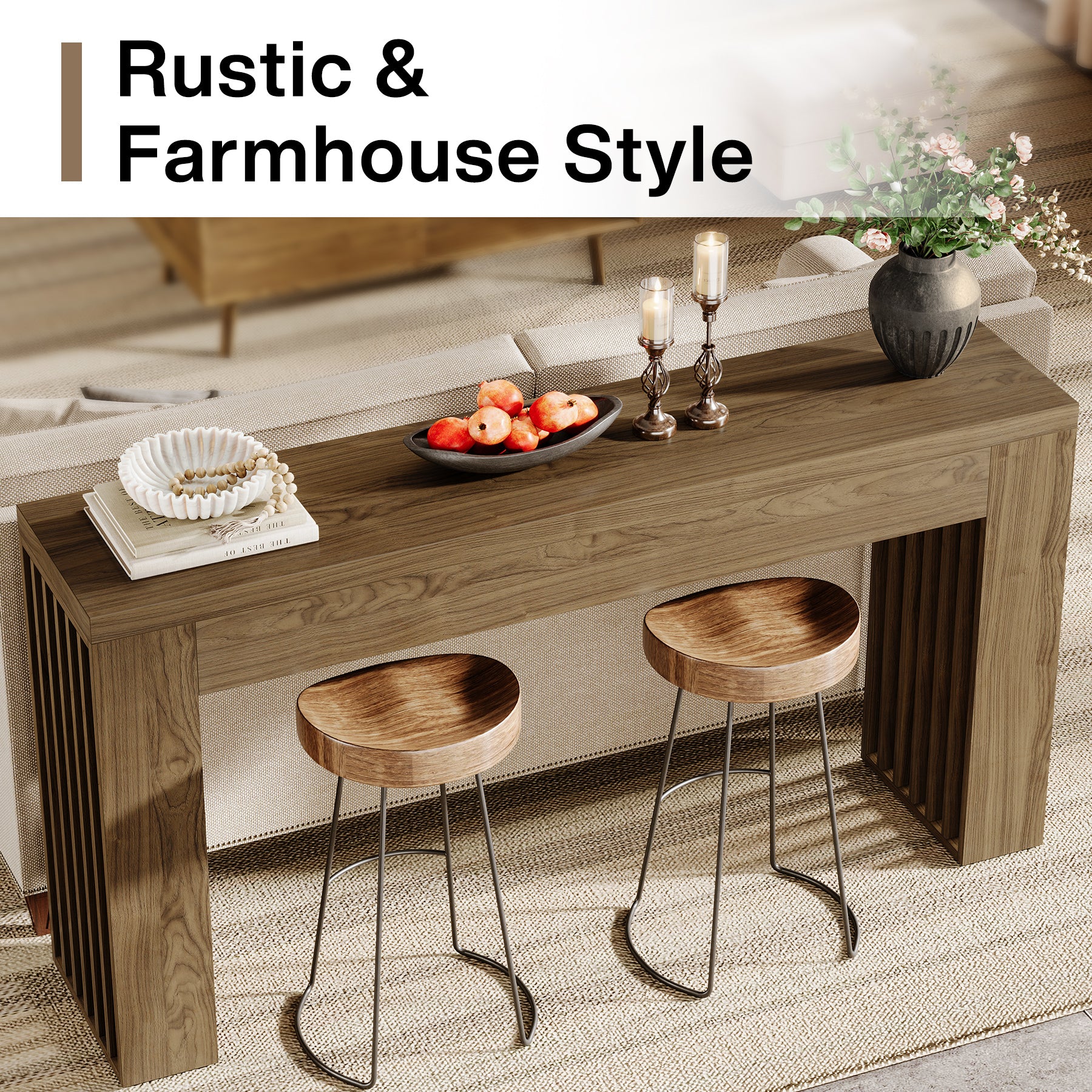 150 cm Lange Houten Salontafel achter de Bank, Consoletafel met Verticale Lattenpoten