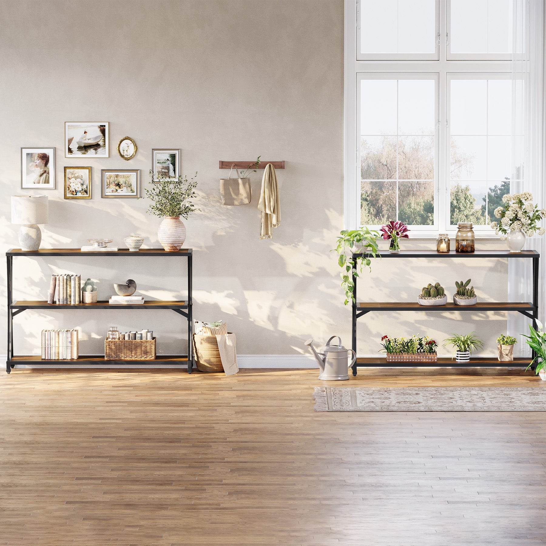 110 cm 3-laags Industriële Haltafel, Smalle Banktafel met Open Opbergruimte