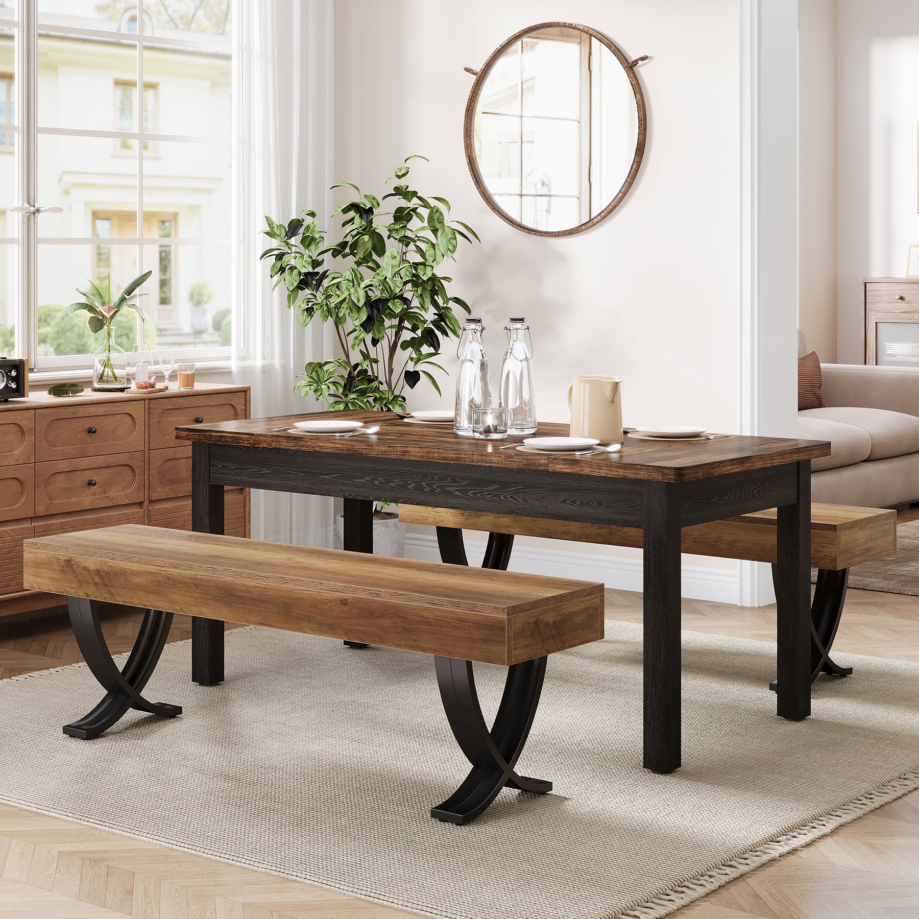140 cm Tribesigns landelijke eetbank met houtlook blad en metalen X-poten, lange keukenbank voor eetkamer en hal (Alleen eetbank)