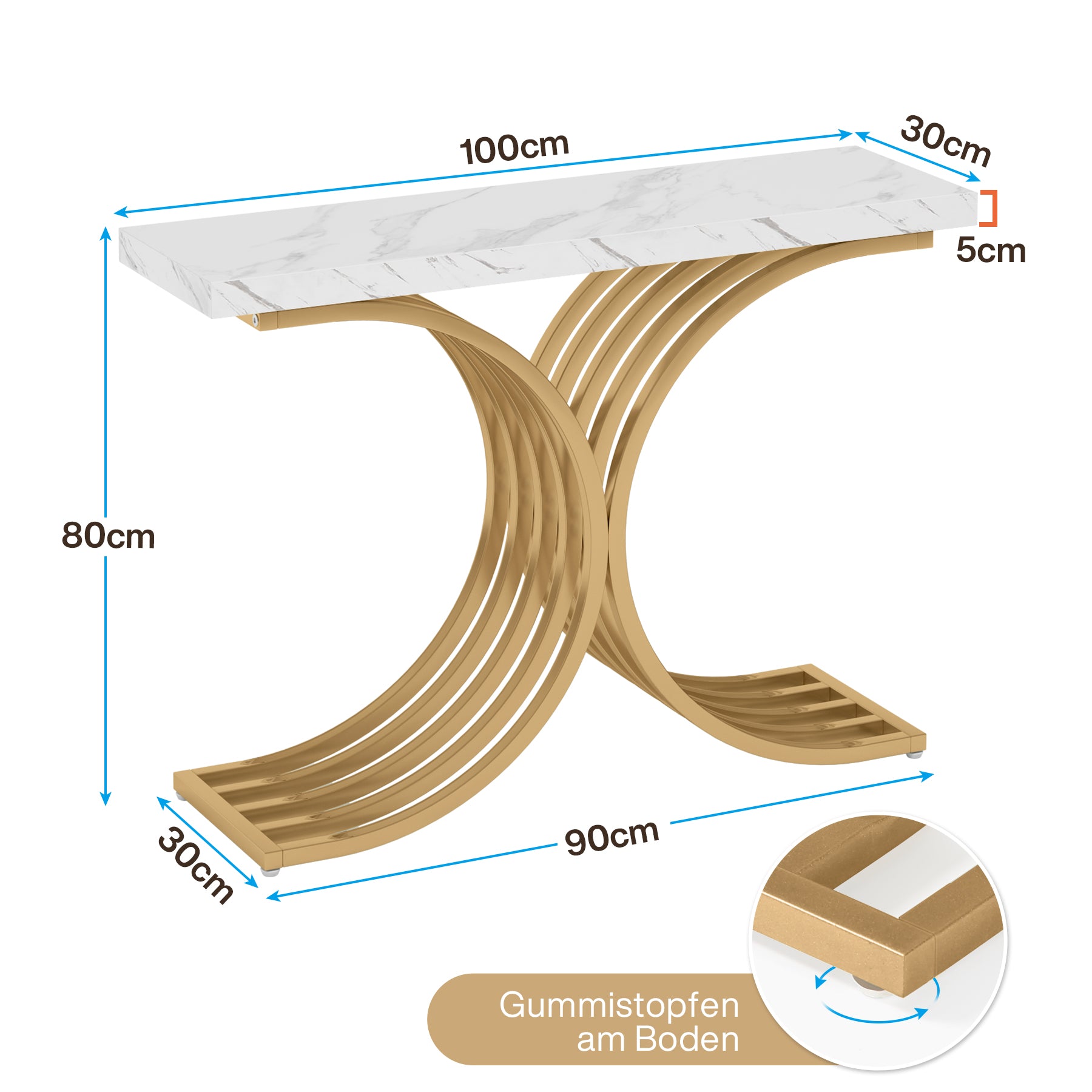 100 cm Smalle Console Tafel, Zijdelingse Tafel met Gouden Metaal Frame