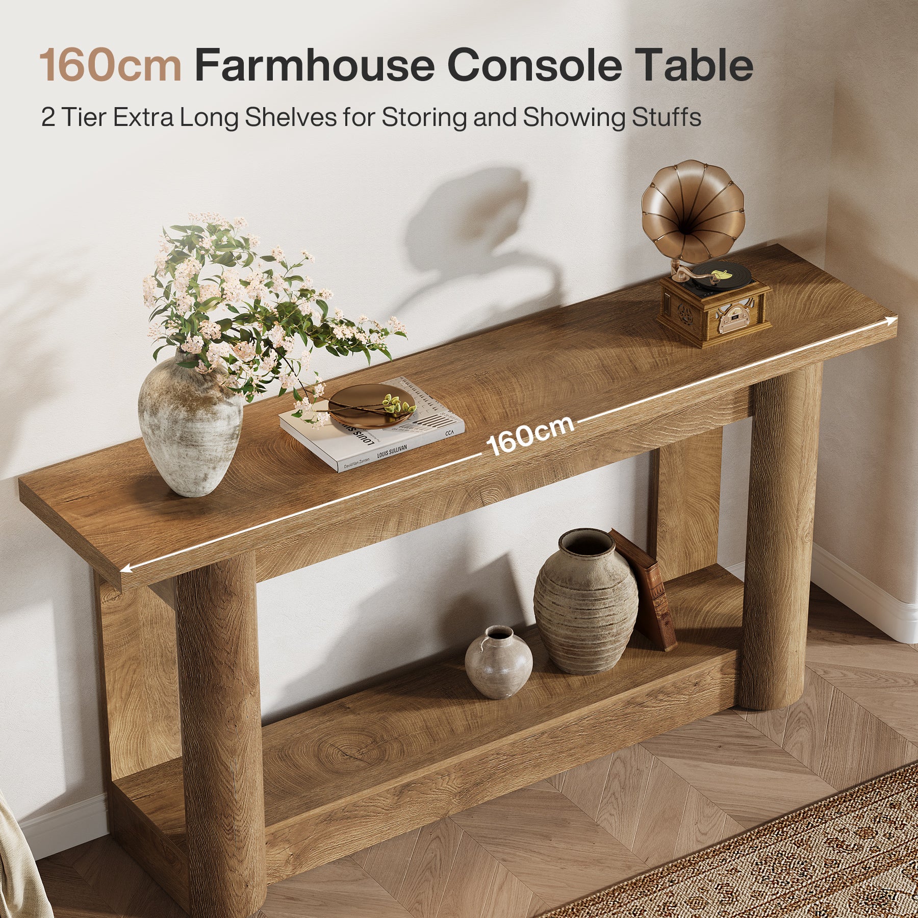 160 cm Landelijke Console met 2 Planken, Smalle Lange Salontafel in Rustiek Bruin voor Hal en Entree