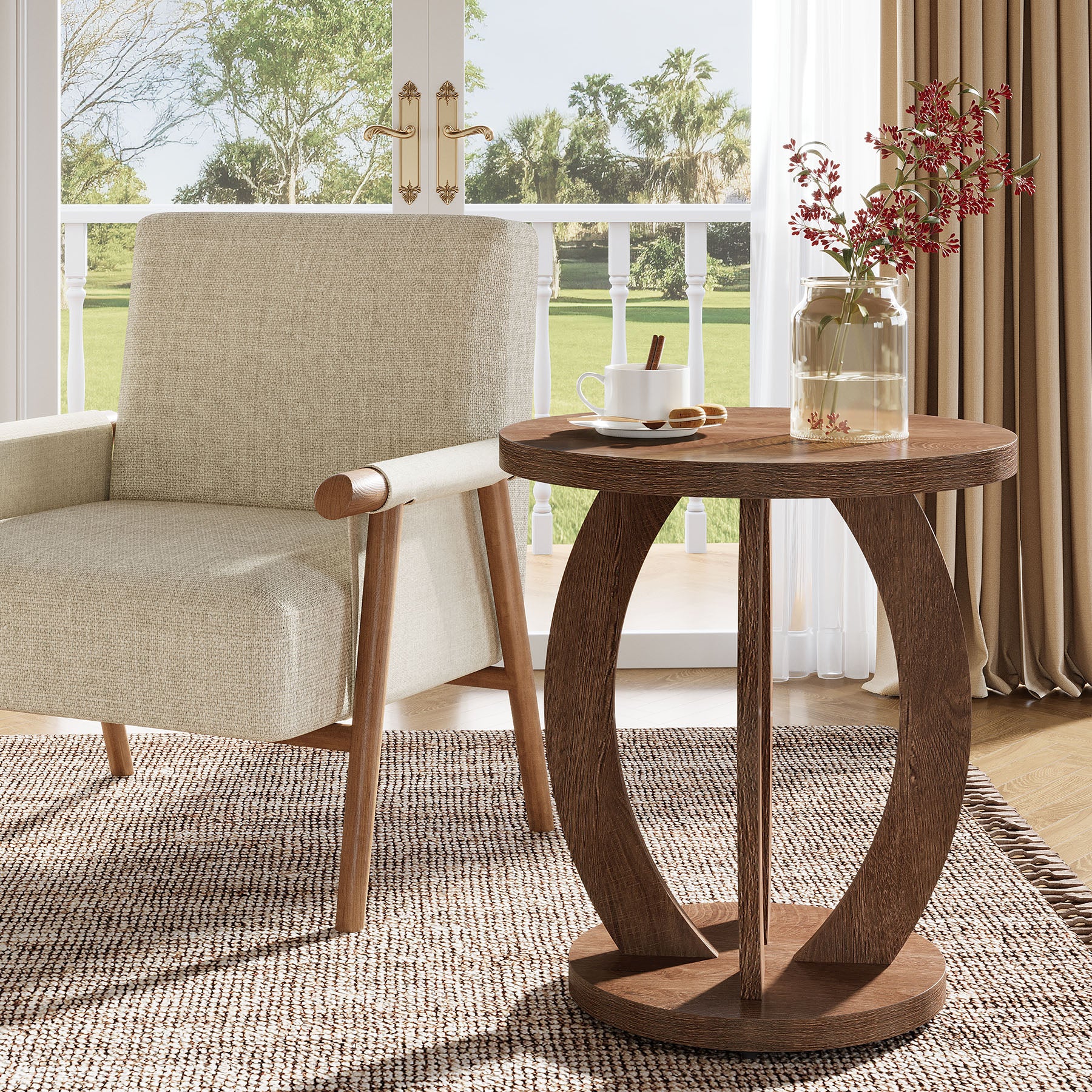 60 cm Compacte ronde bijzettafel met opbergruimte, landelijk tafeltje voor kleine ruimtes