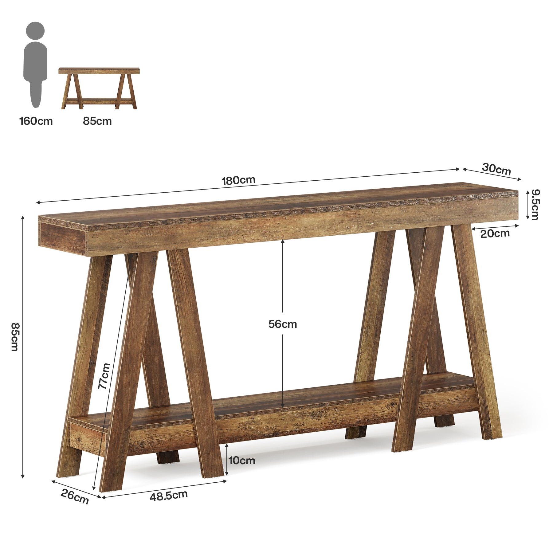 180 cm Landelijke Consoletafel met 2 Lagen, Accenttafel voor Hal en Achter Bank