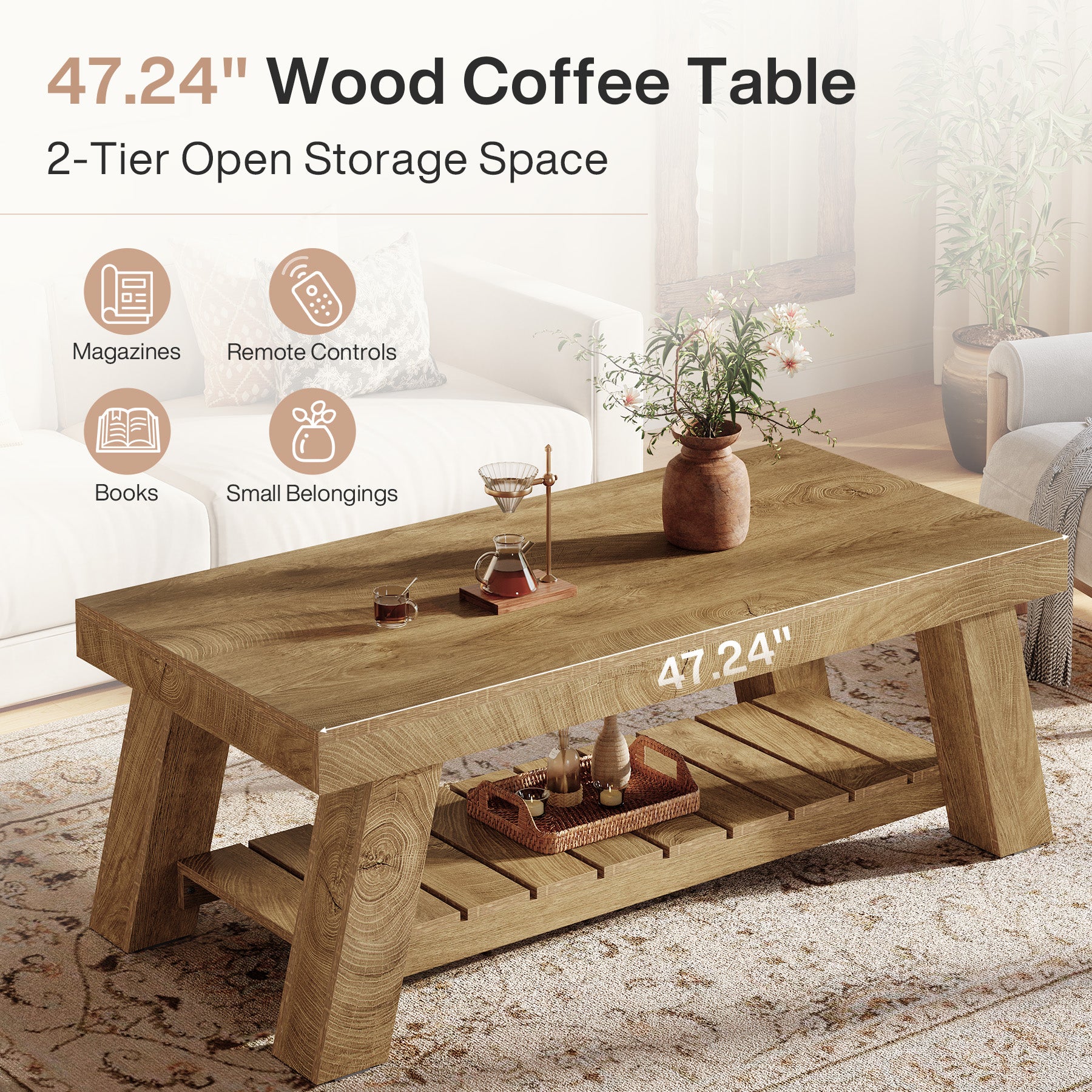 120 cm Rechthoekige Salontafel Boerderij Stijl, Met 2 Opbergplanken voor Woonkamer en Appartement