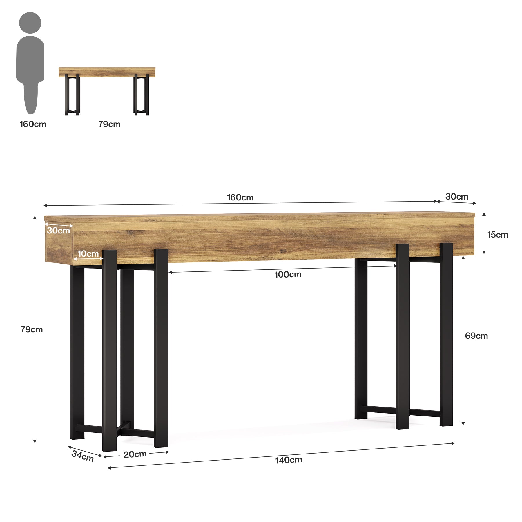 160 cm Consoletafel, Houten Banktafel voor Hal en Entree