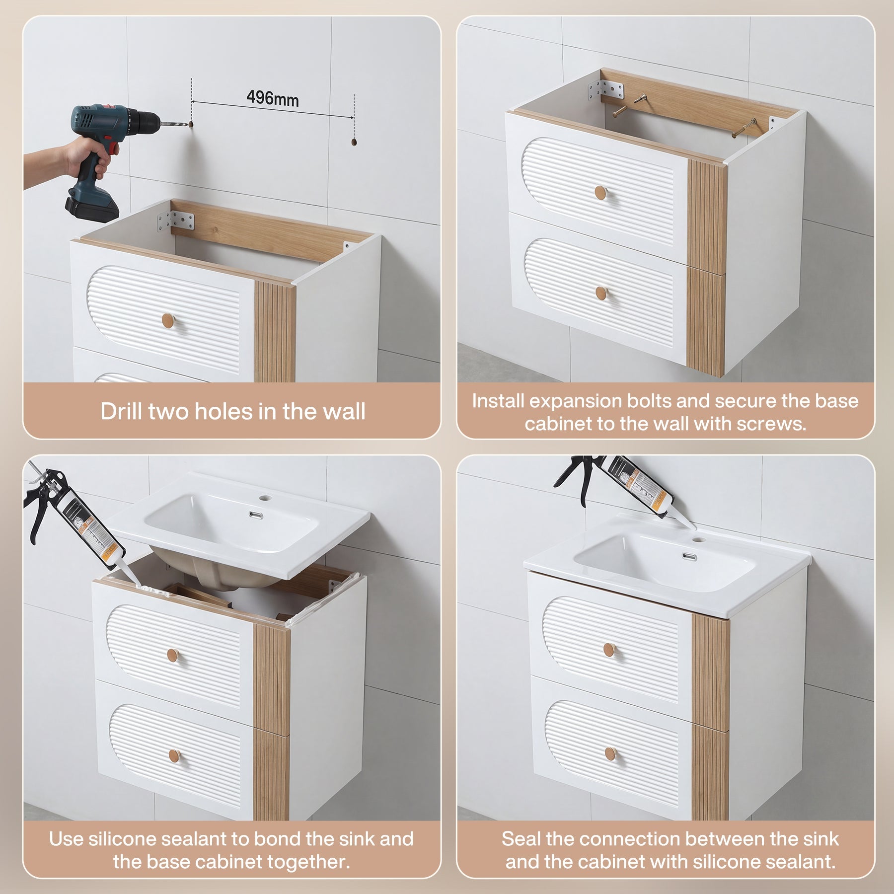 Tribesigns wastafelmeubel met keramische wastafel 60 cm, wandhangende wastafelonderkast met 2 softclose-lades