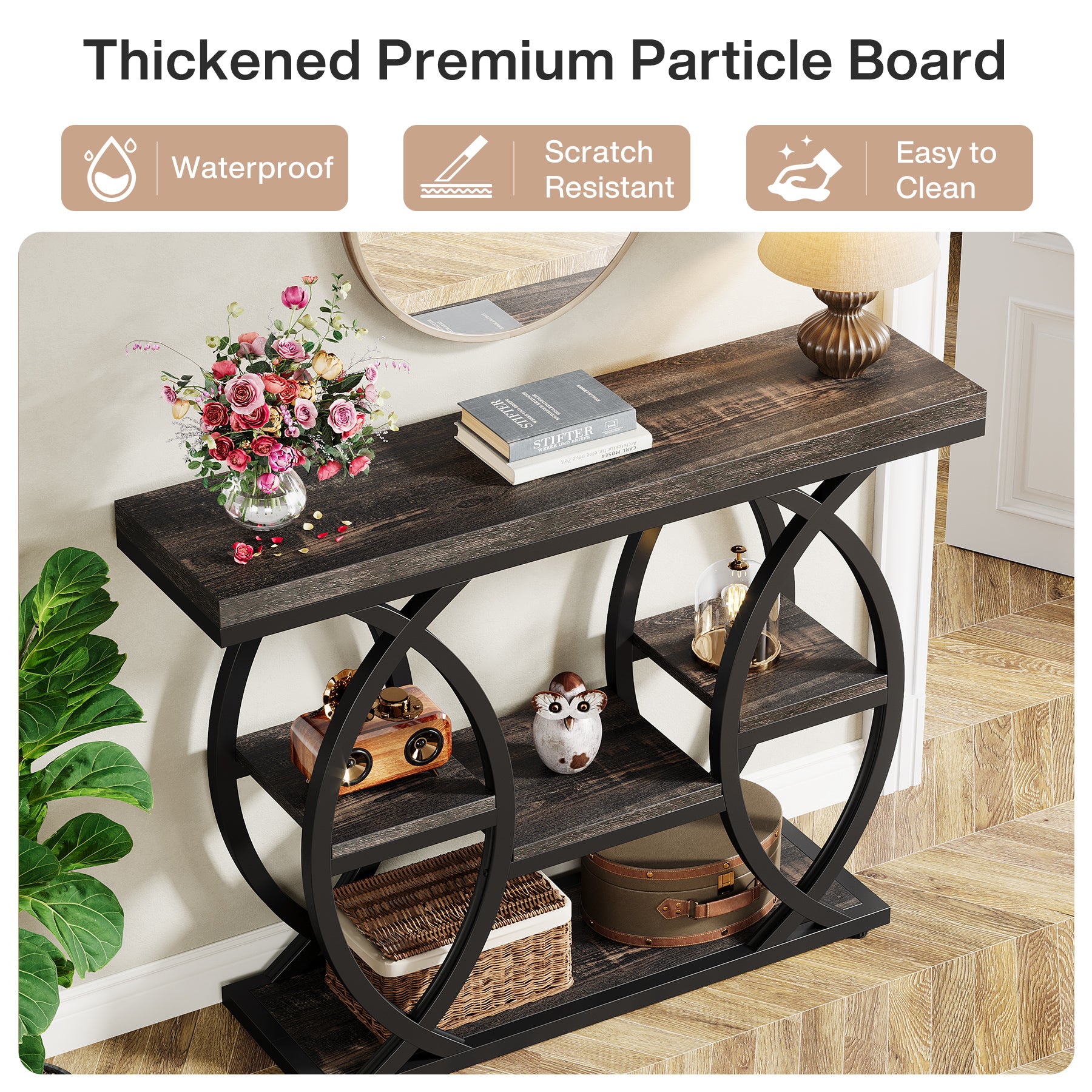 Industrieel Consoletafel 100 cm met 4 Opbergplanken, Smalle Houten Bijzettafel voor hal en Kleine Ruimtes