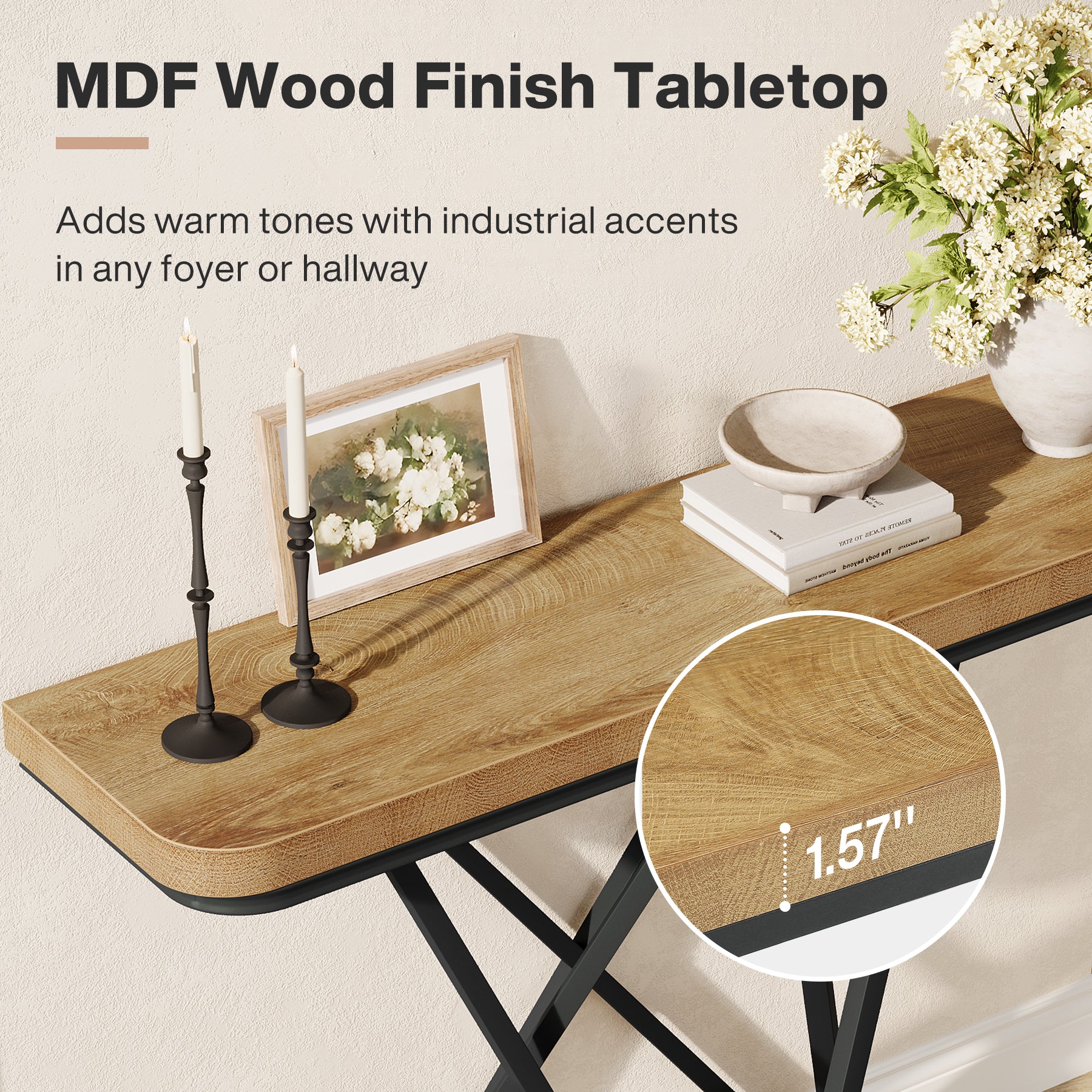 105 cm Industriële Console Tafel, Smalle Entreetafel met Geometrisch Metaal Onderstel
