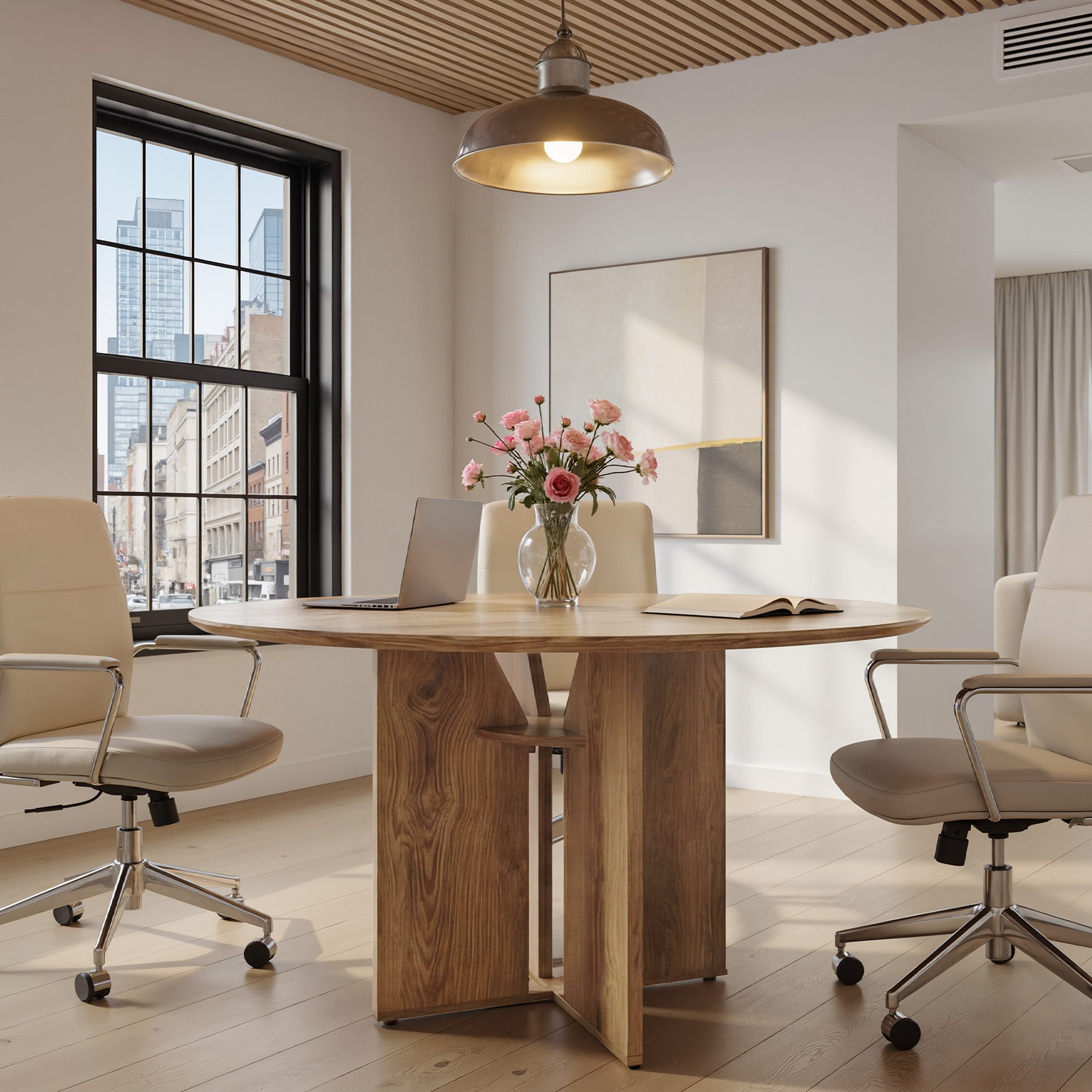 Tribesigns 100 cm Ronde Vergadertafel, Kantoortafel met Opbergrek voor Vergaderruimte