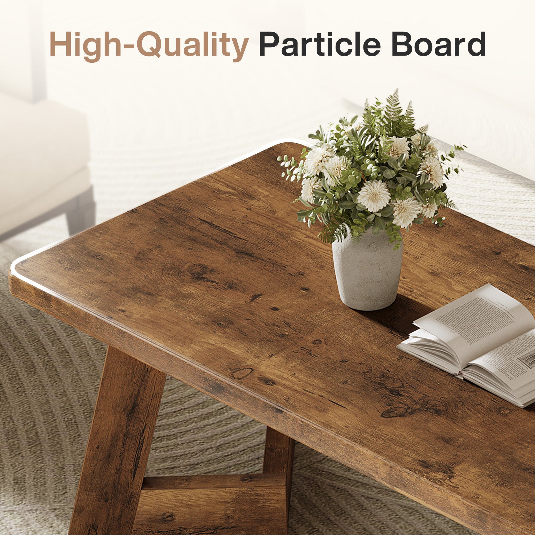 120 x 60 cm Rechthoekige Landelijke Salontafel, Center Tafel met V-vormige Poten voor Woonkamer