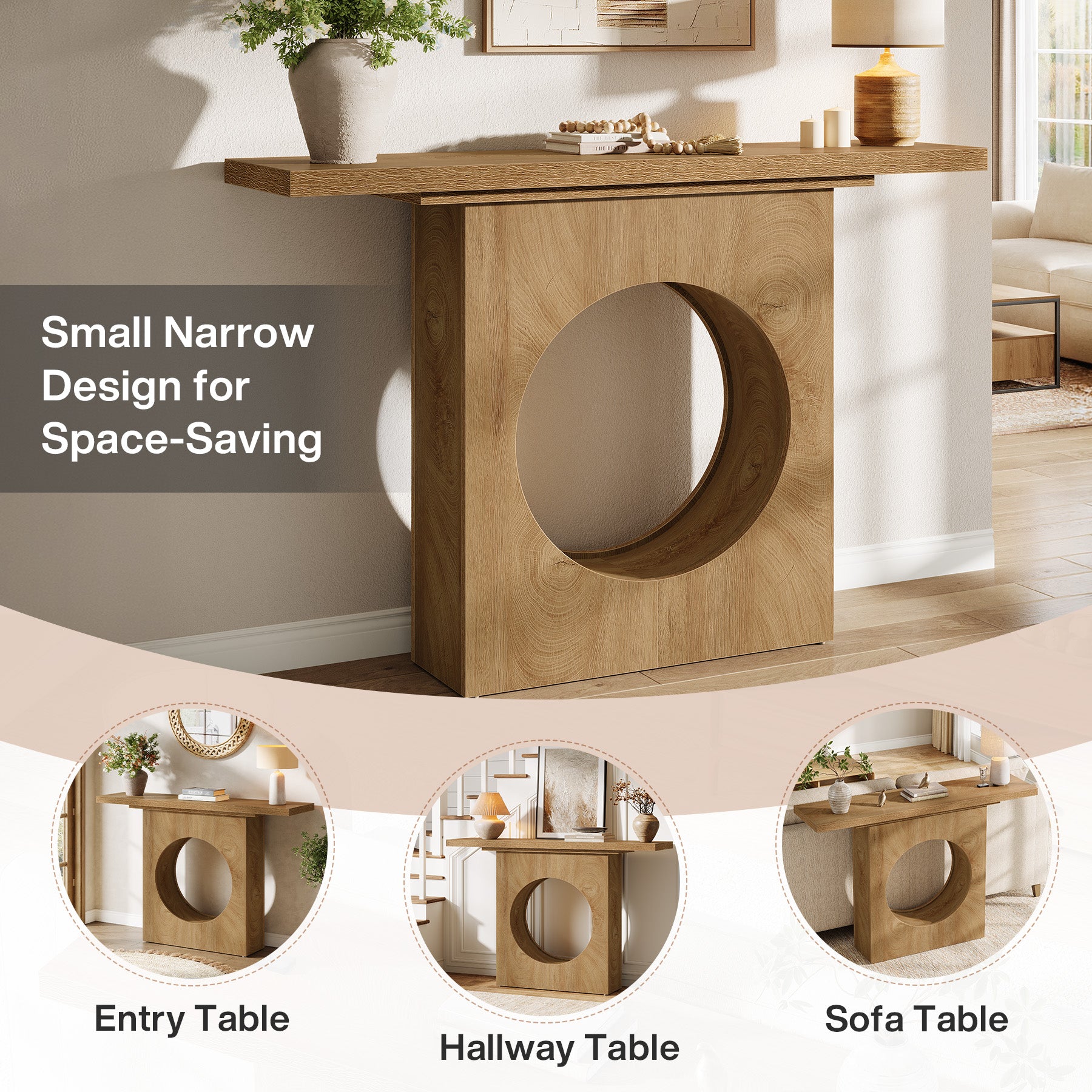 105 cm Landelijke Consoletafel met Rond Gat Ontwerp, Smalle Haltafel voor Woonkamer