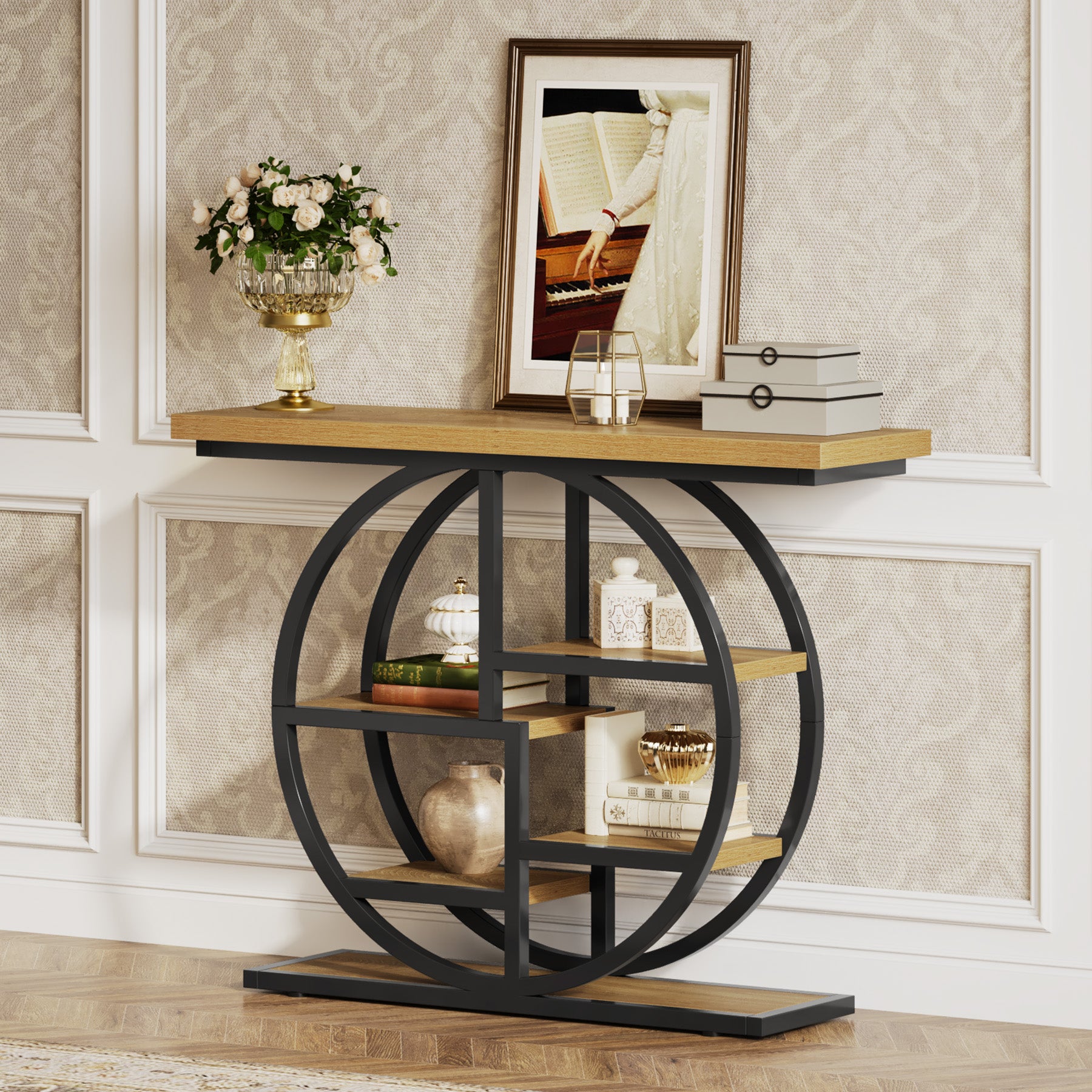 105 cm Industriële Console, 6 Etages met Rond Onderstel en Opbergplanken