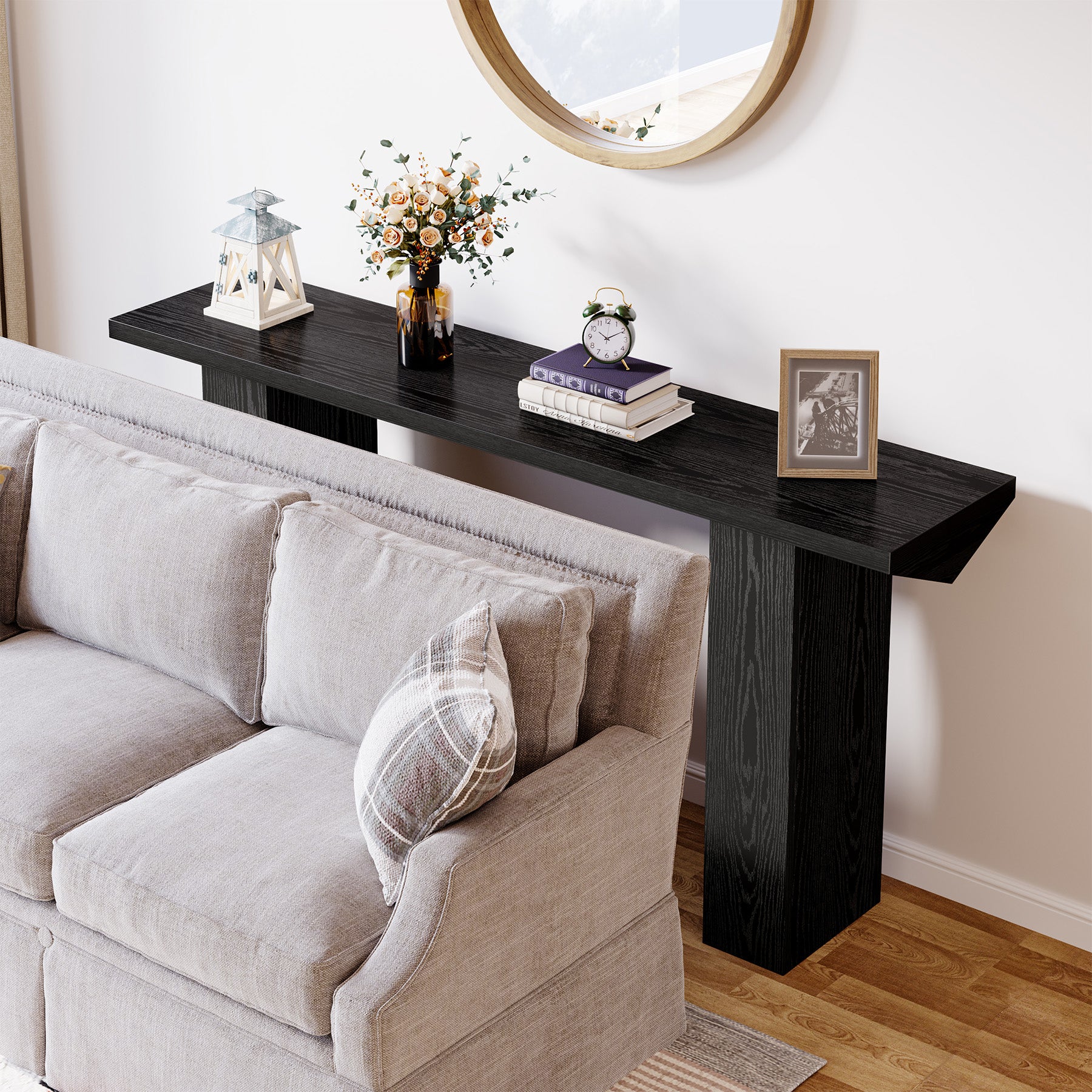160 cm Smalle Salontafel voor Achter de Bank, Zwart Houten Haltafel voor Woonkamer en Entree