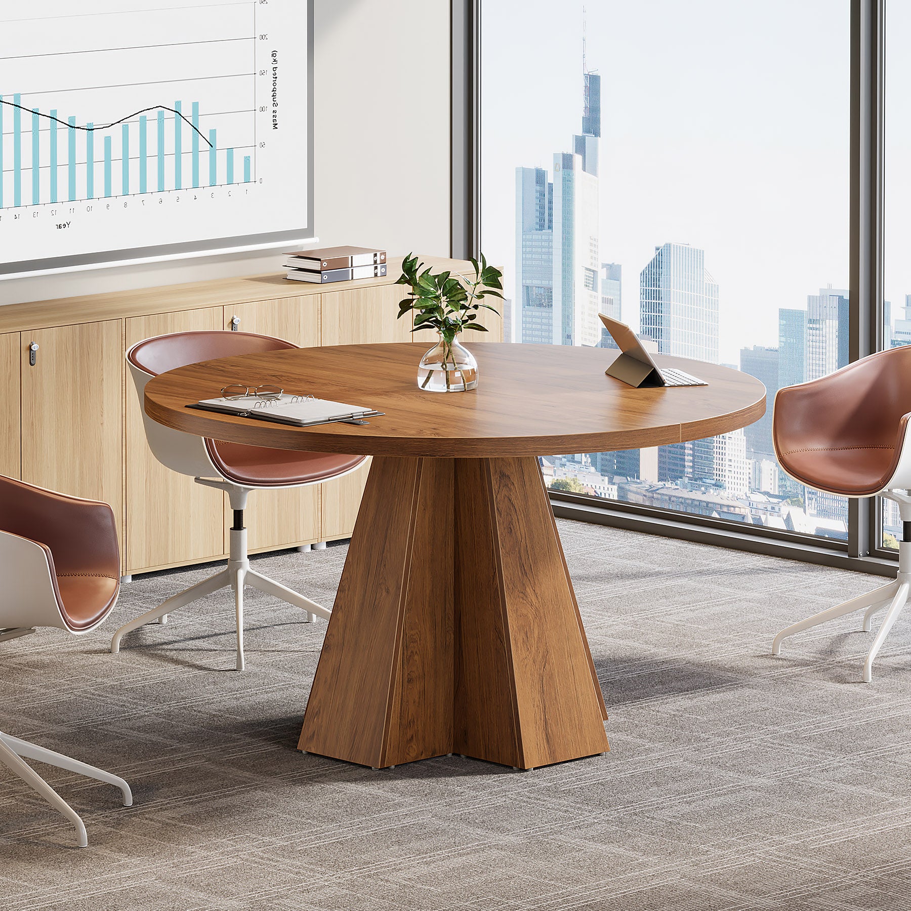 Tribesigns Ronde Conferentietafel 118 cm met Dik Tafelblad, Compacte Vergadertafel met Taps Toelopende Basis voor Kantoor en Kleine Ruimtes