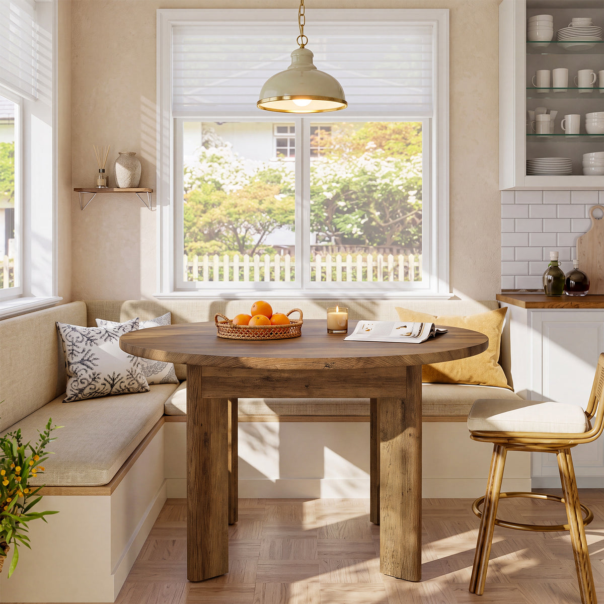 100 cm ronde eettafel voor 4 personen met dikke gebogen poten, compacte keukentafel in landelijke stijl voor eetkamer