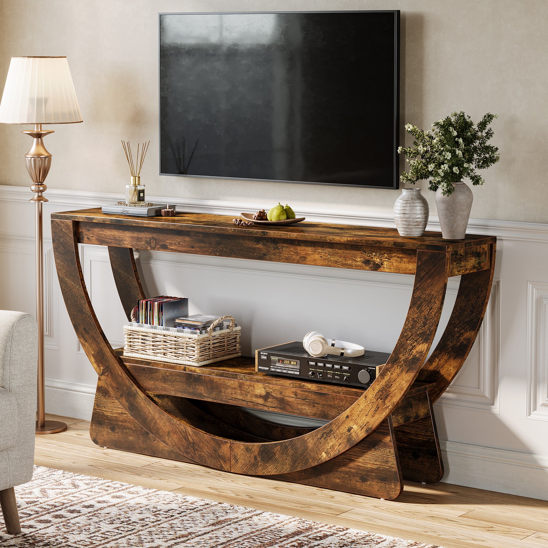 160 cm TV-meubel voor 75 inch TV's, Landelijke Houten Mediaconsole met Open Gewelfde Plank