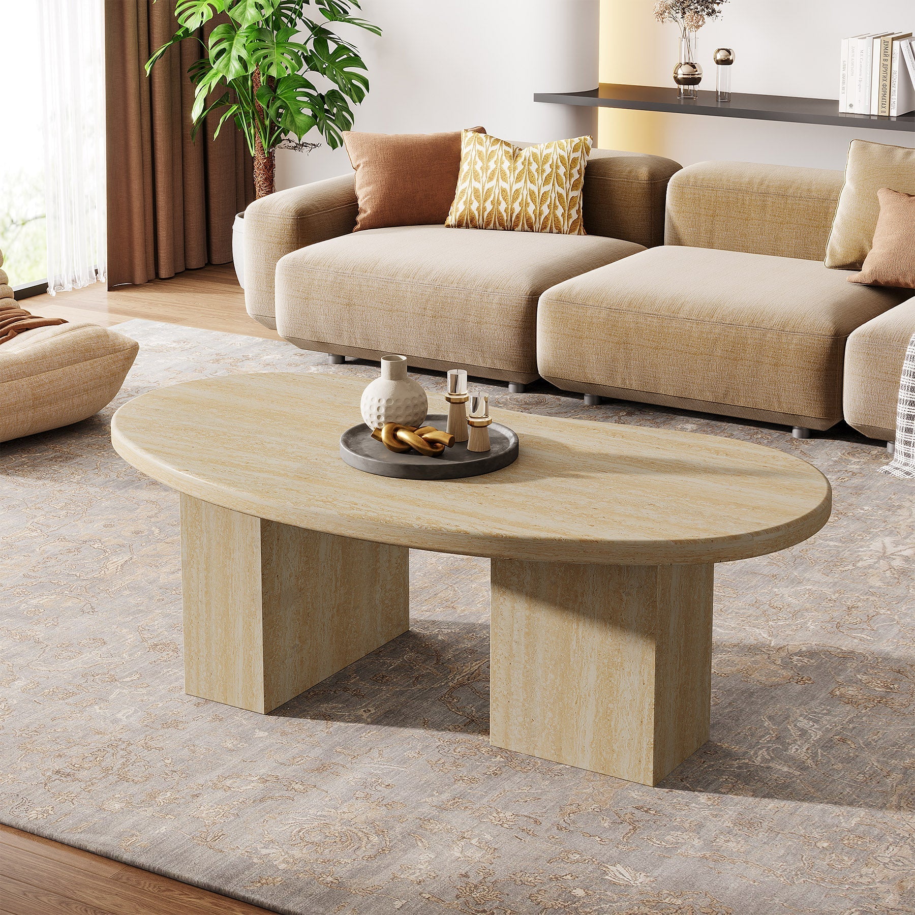 115 cm Ovale Salontafel, Grote Houten Cocktailtafel met Asymmetrische Voet in Eiken