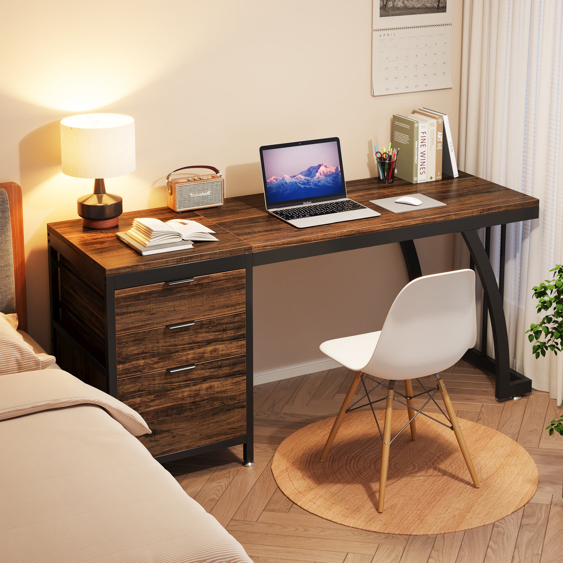 150 cm Computertafel, Industrieel Bureau Met 3 Ombouwbare Laden in Rustiek Bruin
