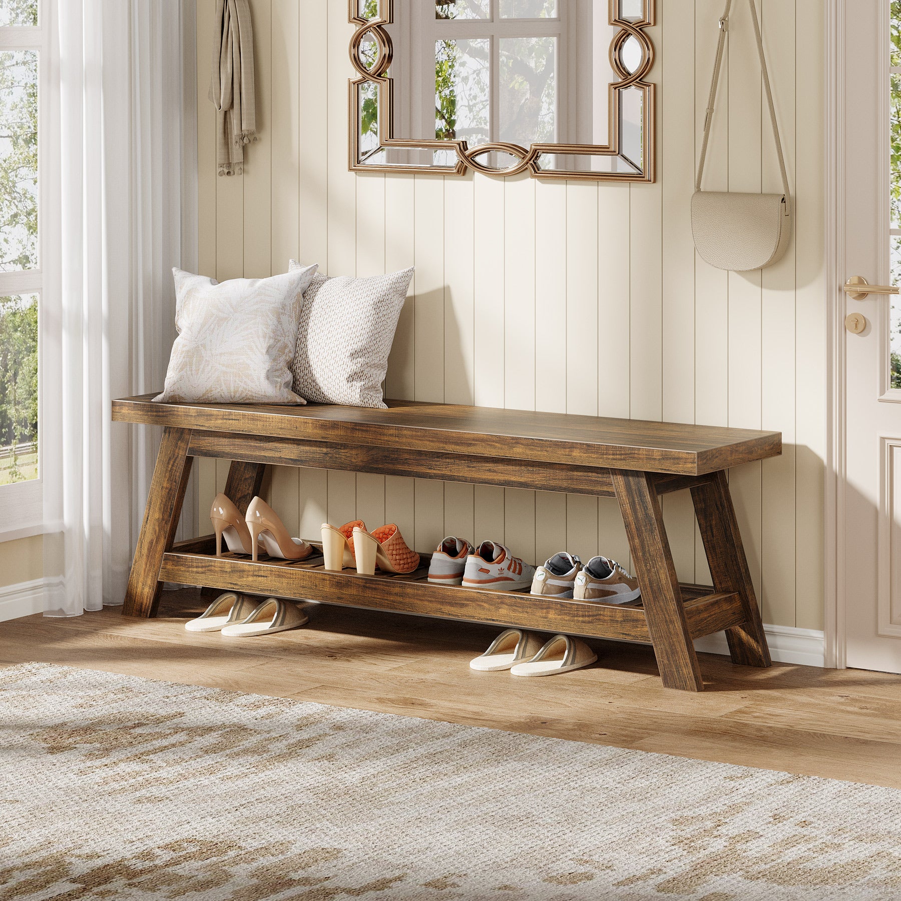 140 cm Houten Halbank met Opbergruimte, Smalle Schoenenbank met 2 Planken