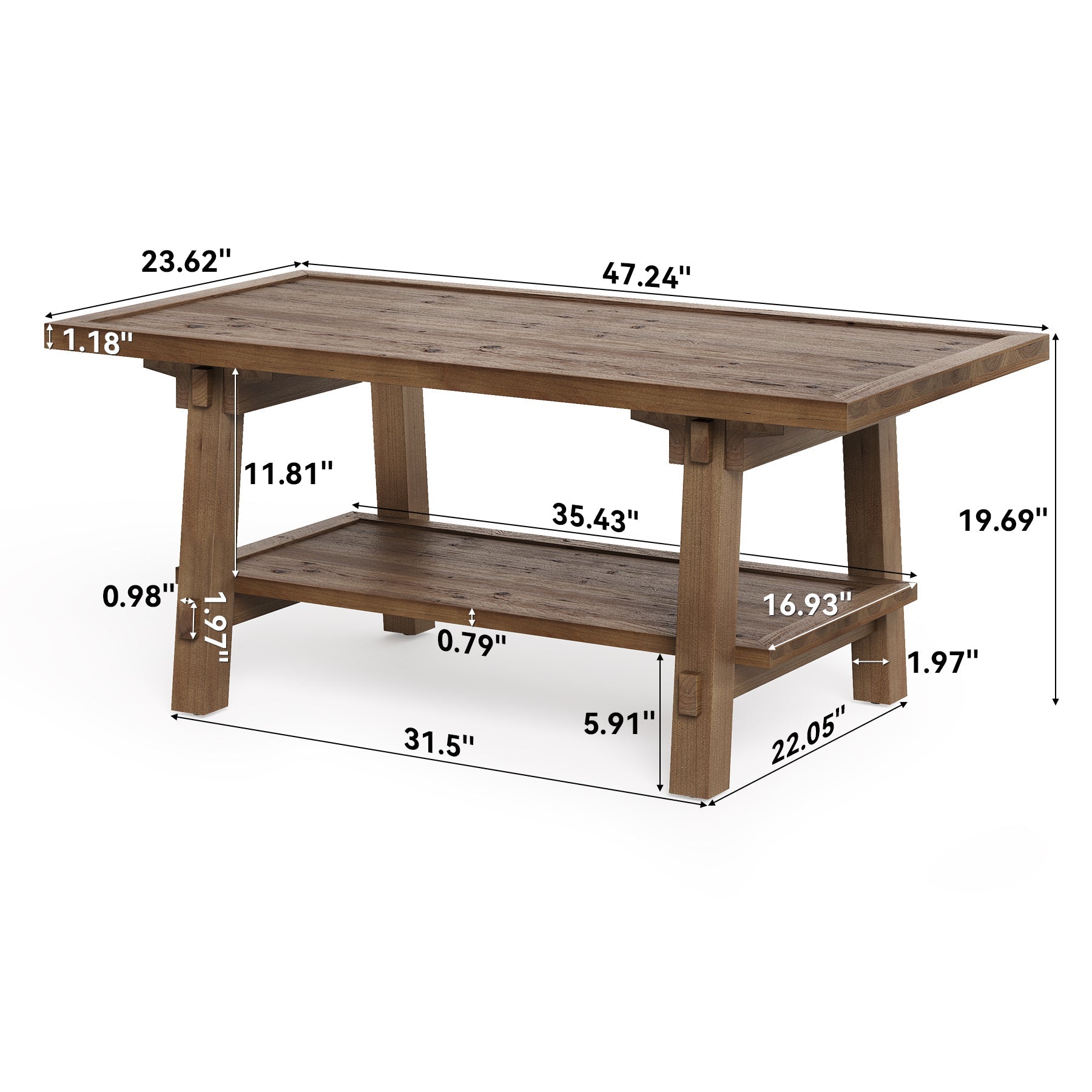 120 cm Massief Houten Salontafel, Landelijke Rechthoekige Tafel voor Woonkamer