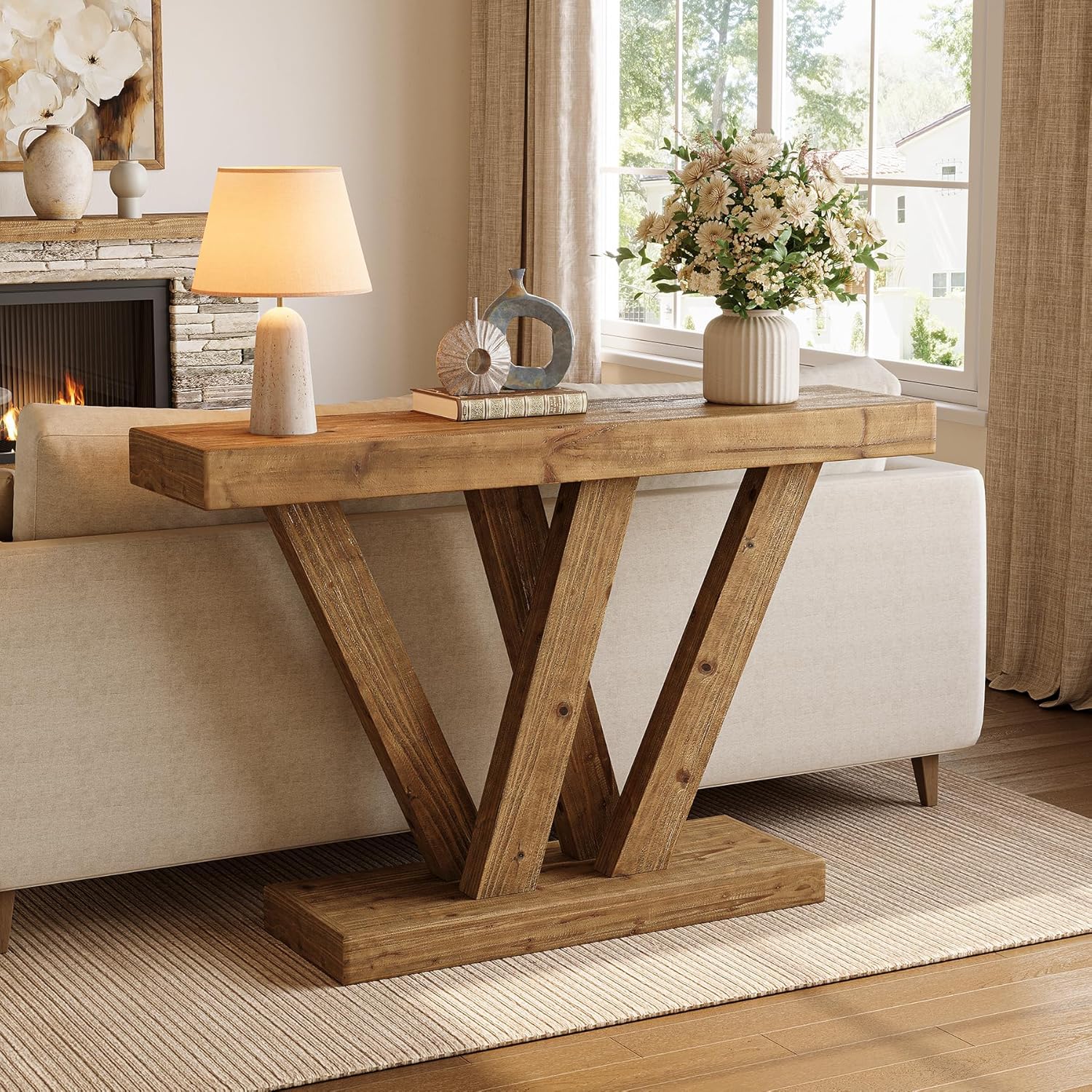 119 cm Massief Houten Salontafel, Smalle Vintage Banktafel voor Hal