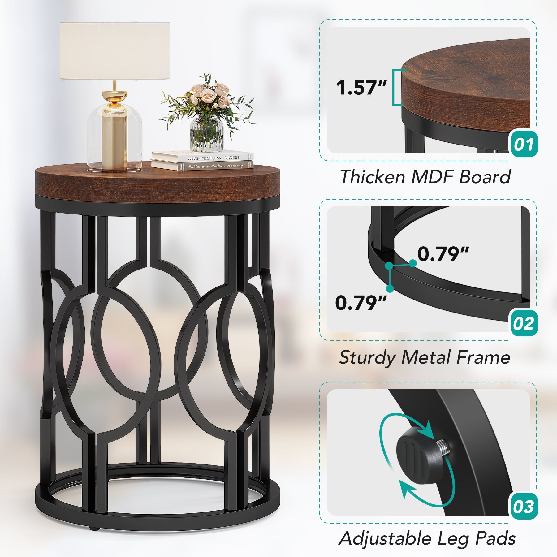 Ronde Bijzettafel van 45 cm met Industrieel Hol Metalen Frame