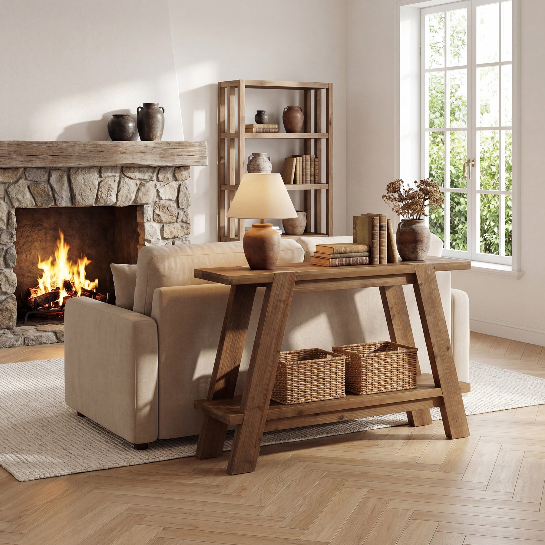 110 cm Massief Houten Consoletafel met 2 Planken, Smalle Haltafel in Landelijke Stijl Bruin