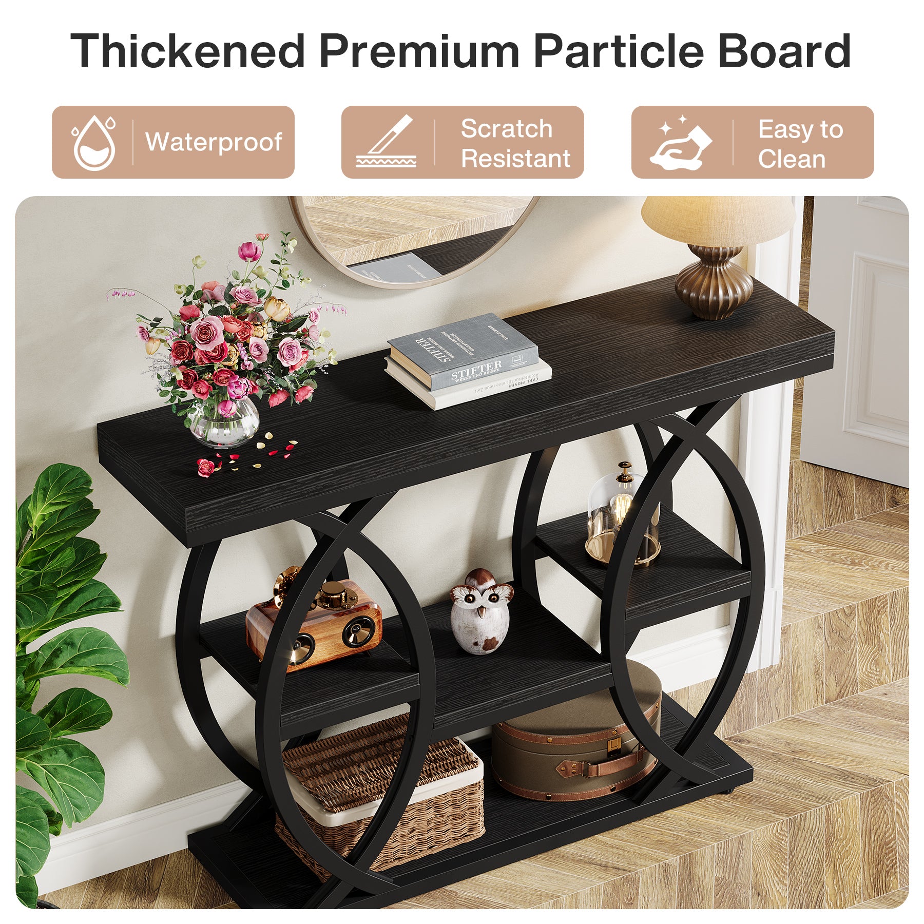 Industrieel Consoletafel 100 cm met 4 Opbergplanken, Smalle Houten Bijzettafel voor hal en Kleine Ruimtes