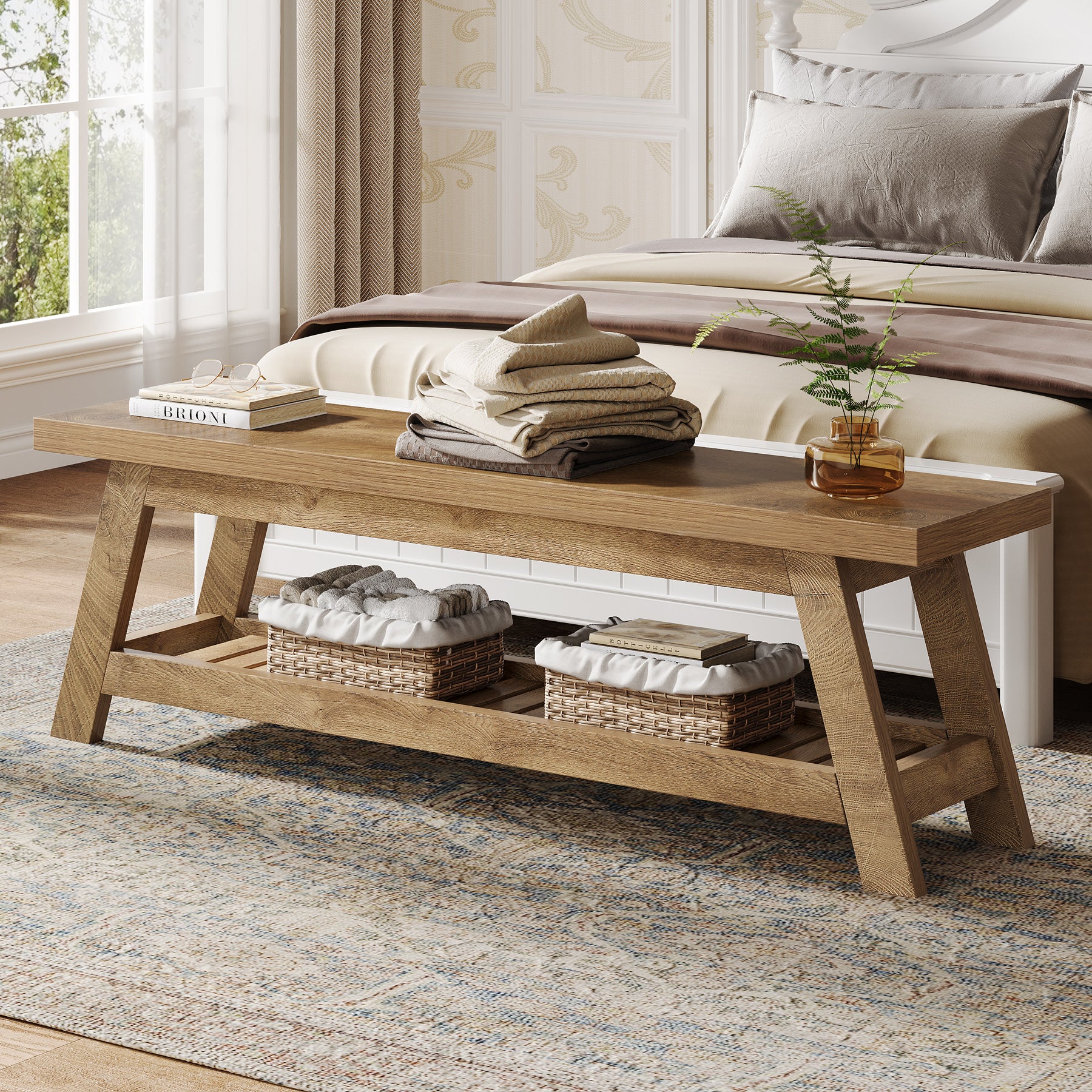 140 cm Houten Halbank met Opbergruimte, Smalle Schoenenbank met 2 Planken