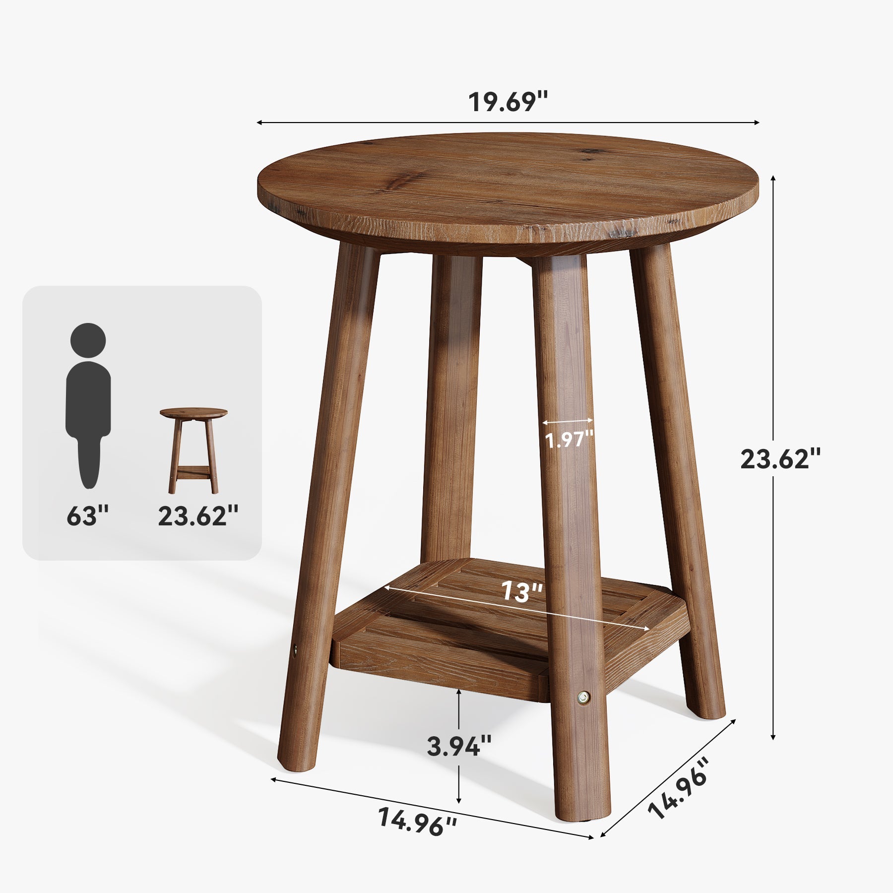 60 cm ronde massief houten bijzettafel, 2-laags landelijke opbergplank in walnootkleur