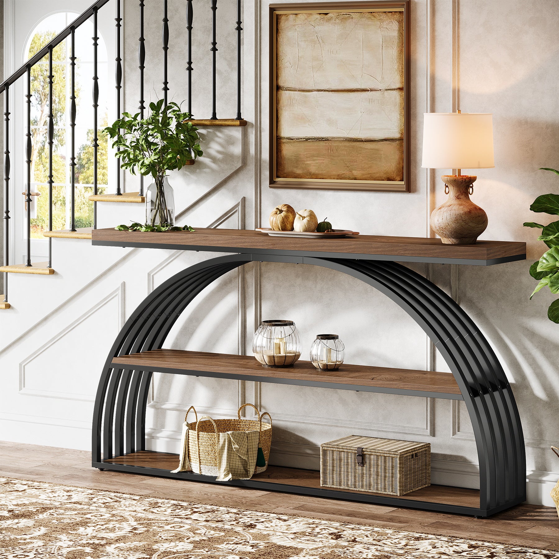 Consoletafel van 160 cm in Rustiek Bruin met Gebogen Frame, Industriële 3-Lagen Hal- en Banktafel voor Woonkamer en Entree