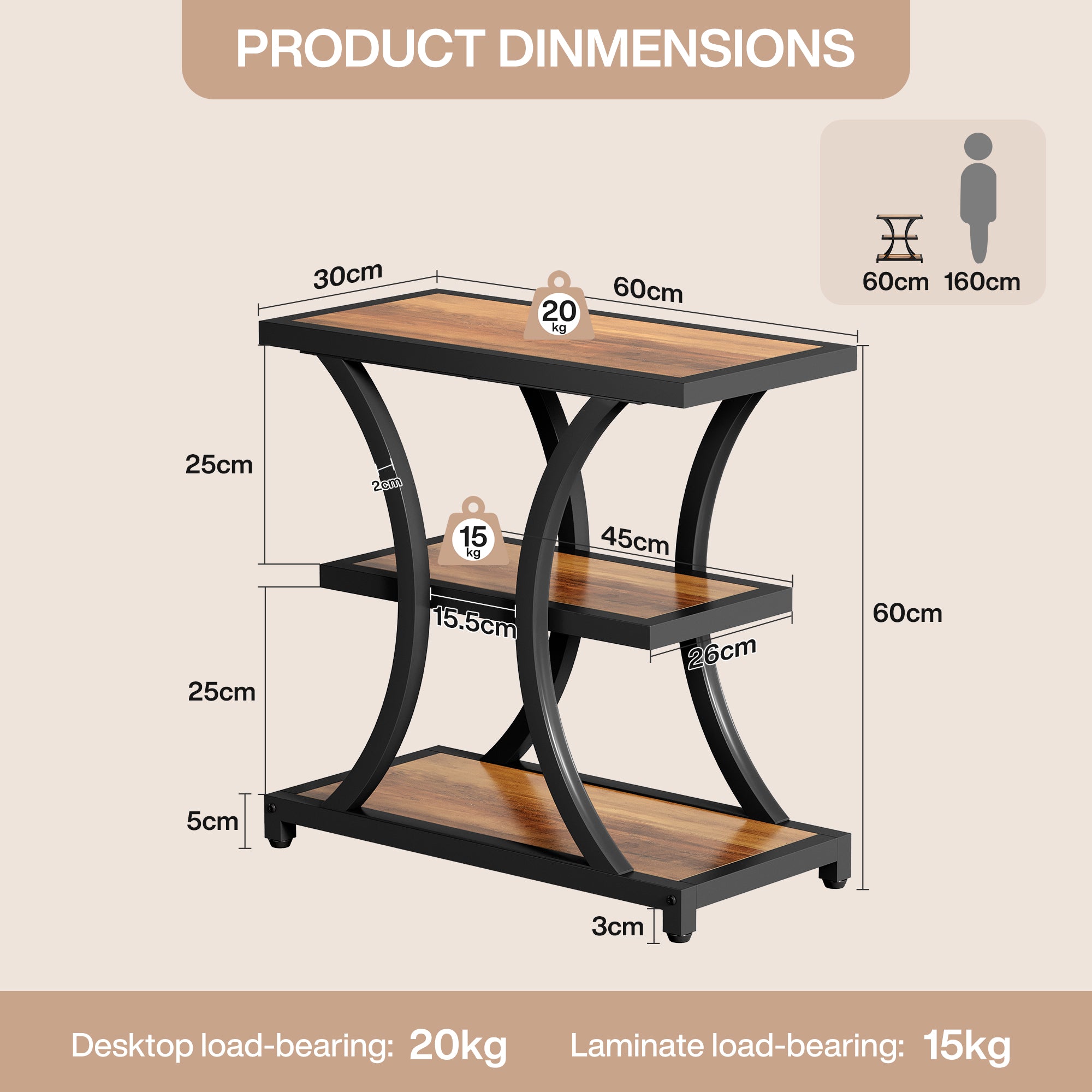 40x40x50 cm Industriële Opbergtafel, 3-laags met Geometrisch Metaal