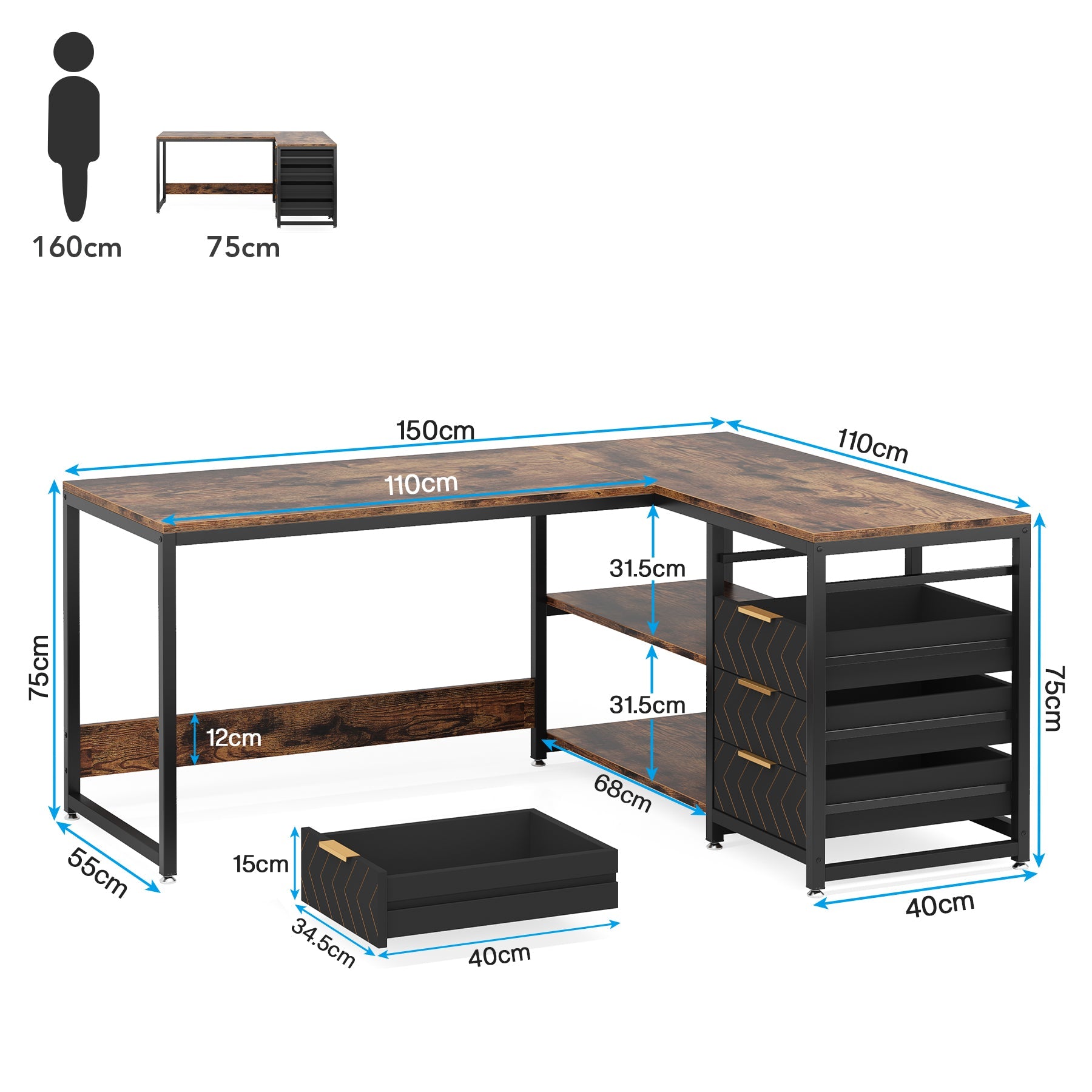150 cm L-vormig Bureau, Met 4 Laden en 2 Planken voor Kantoor en Werkkamer