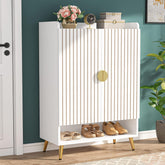 110 cm Schoenenkast, Witte Opbergmeubel met Zeven Planken en Gouden Frame 3