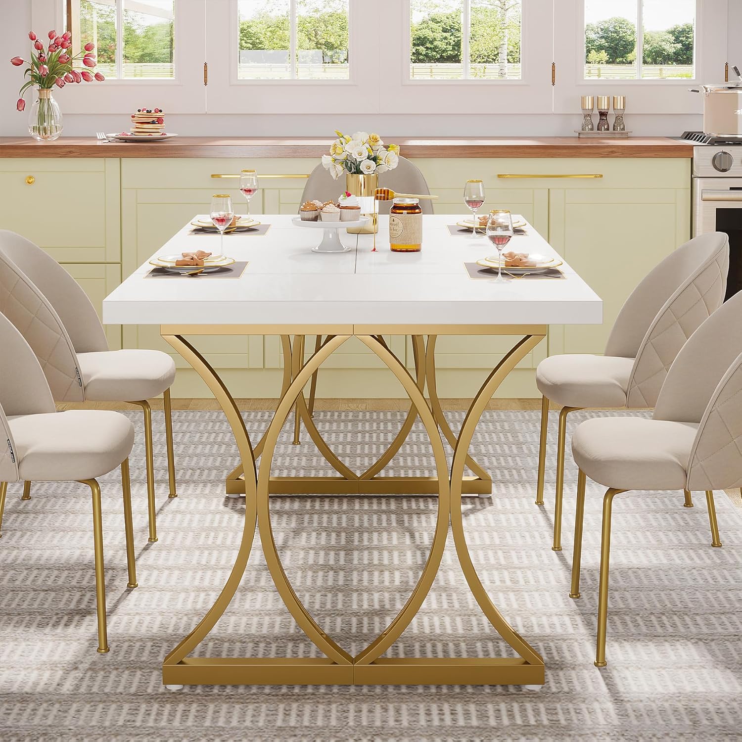 160 cm Tribesigns Moderne Witte Eettafel voor 6 Personen, Rechthoekige Tafel in Goud en Wit