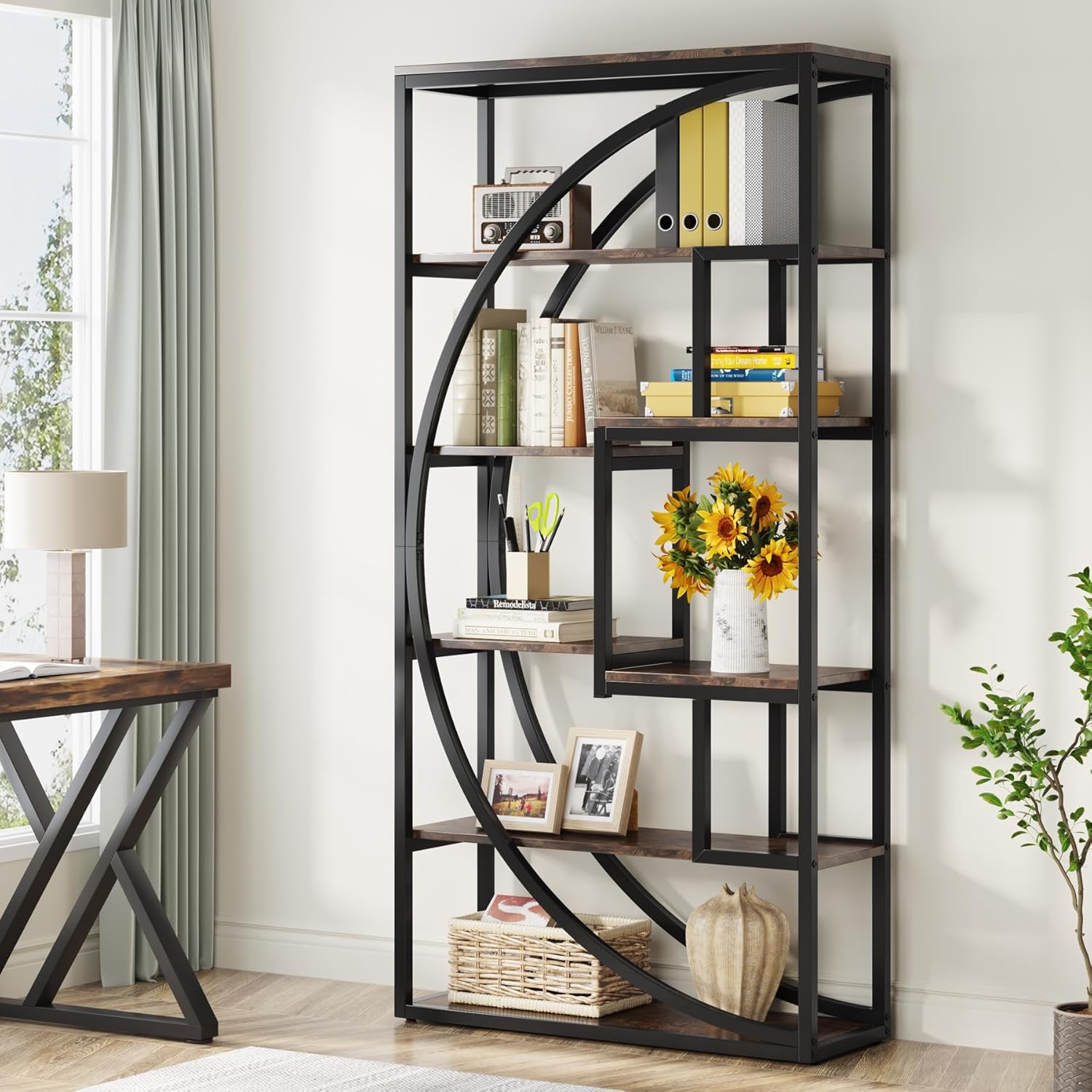 180 cm Hoge Industriële Boekenkast, 5 Planken Met 8 Open Opbergvakken voor Woonkamer en Kantoor
