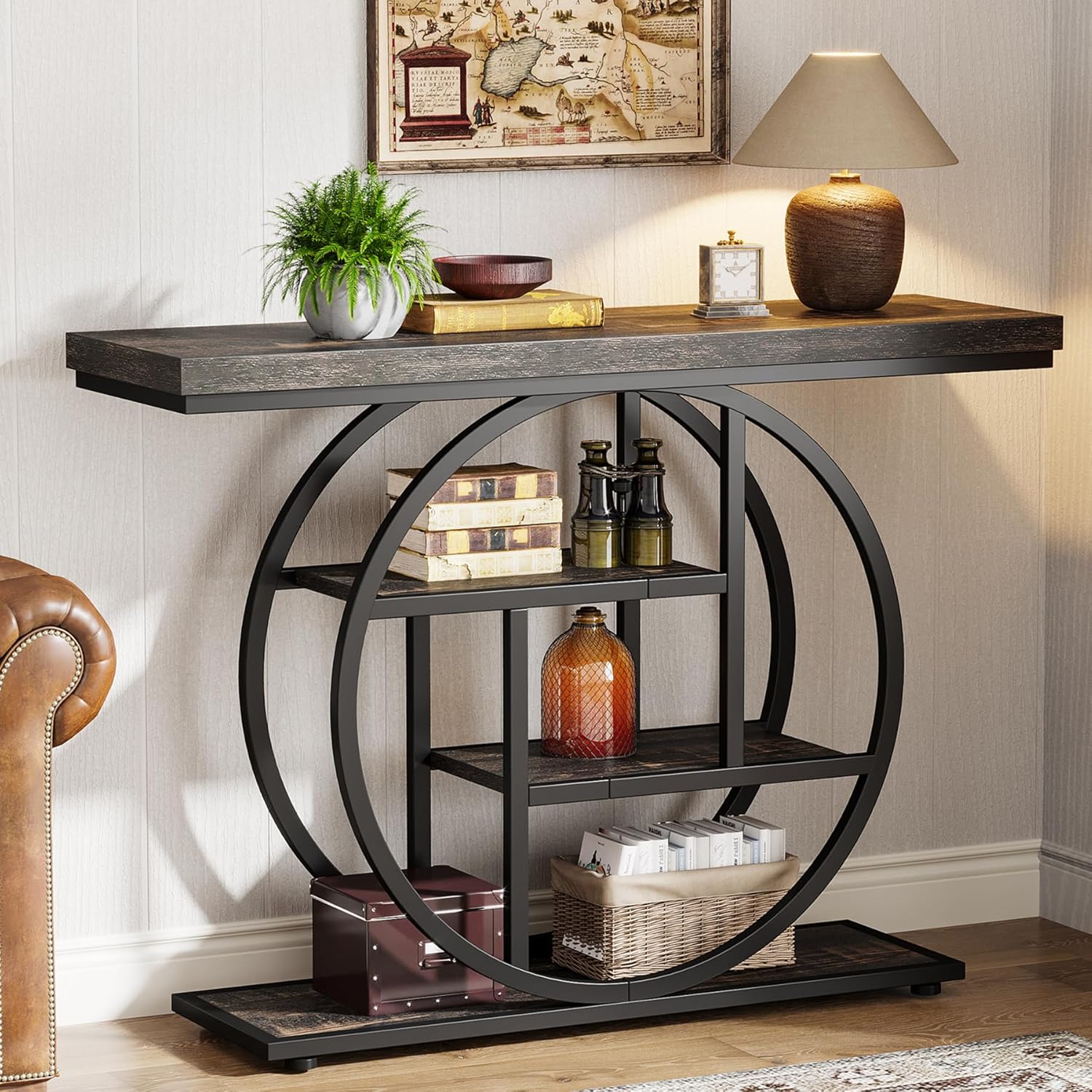 105 cm Industriële Console, 4 Planken met Ronde Basis voor Hal en Woonkamer