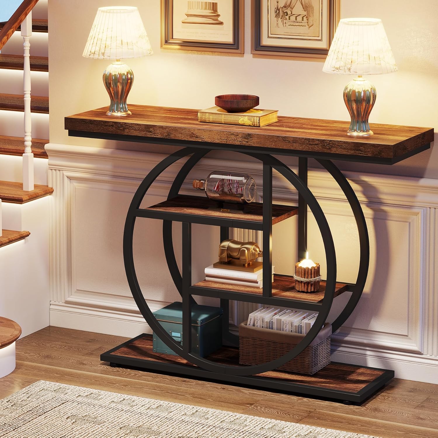 105 cm Industriële Console, 4 Planken met Ronde Basis voor Hal en Woonkamer