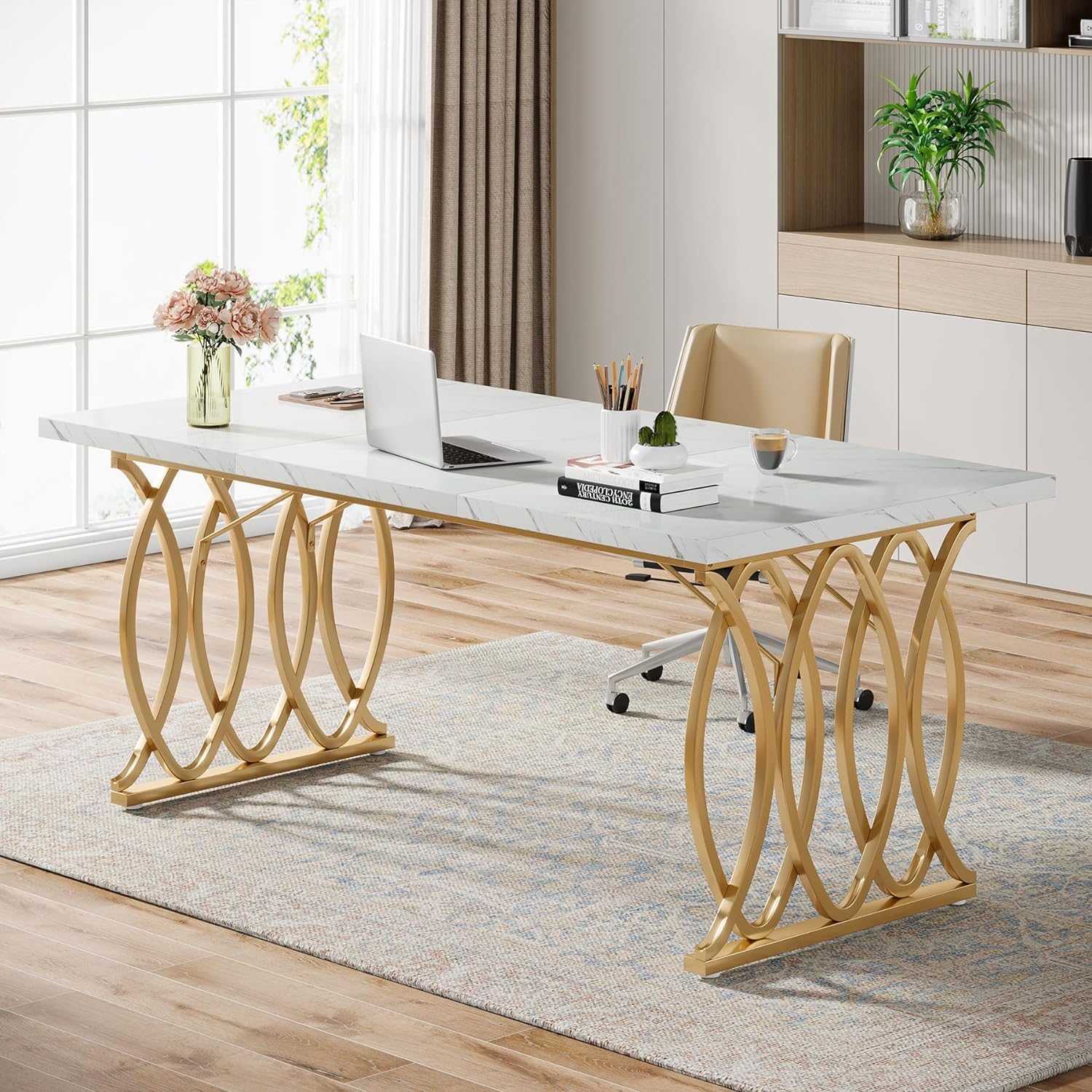 160 cm Executive Bureau, Met Witte Afwerking en Gouden Accenten voor Kantoor