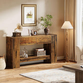 140 cm Rustieke Bruine Consoletafel, Smalle Opbergtafel met 2 Laden en 2 Planken voor Hal en Woonkamer 3