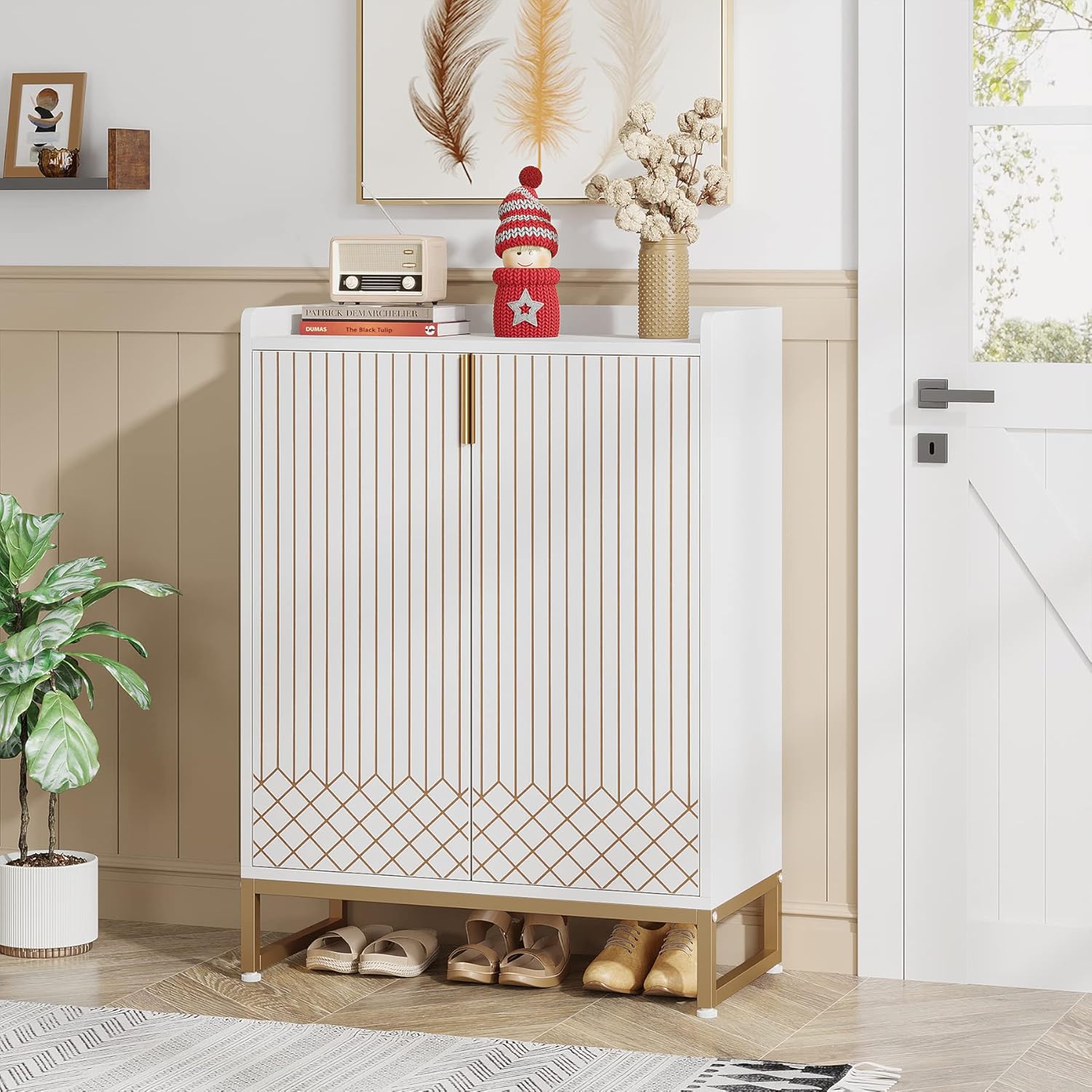 75x35x105 cm moderne schoenenkast, met 2 deuren en 5 laden voor een opgeruimde entree of slaapkamer