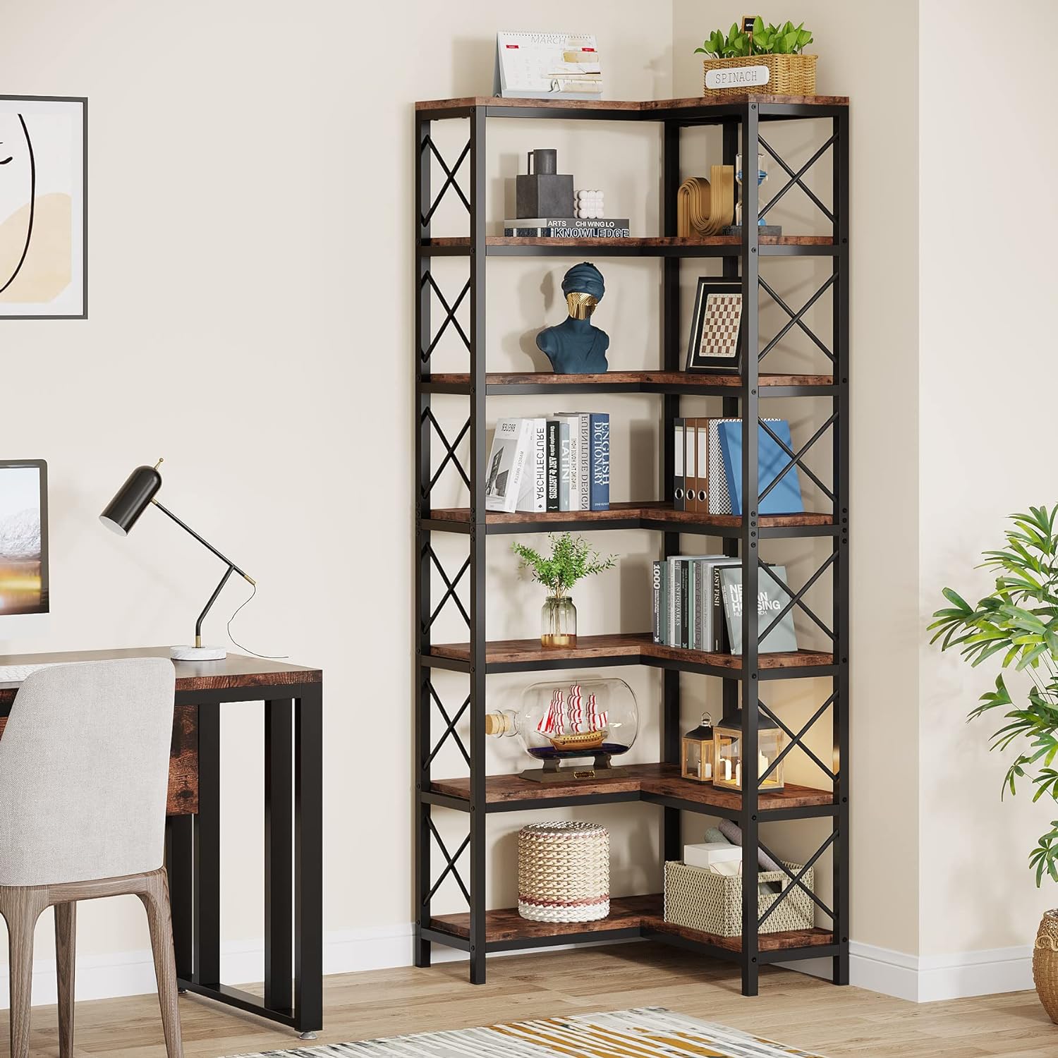 Tribesigns Hoekboekenkast, Moderne 7-Lags Hoekplank met Metalen Frame