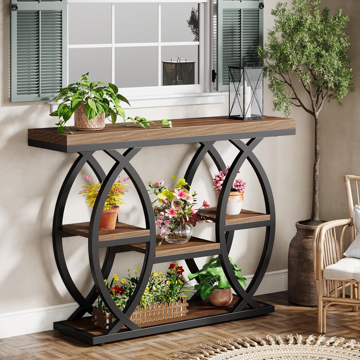 Industrieel Consoletafel 100 cm met 4 Opbergplanken, Smalle Houten Bijzettafel voor hal en Kleine Ruimtes