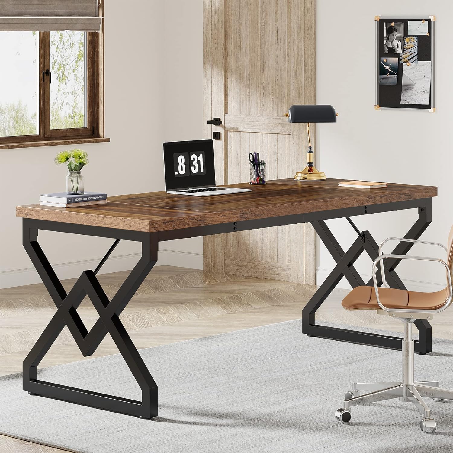 160x70 cm Computertafel, Extra Dik Houten Blad en Metalen Onderstel
