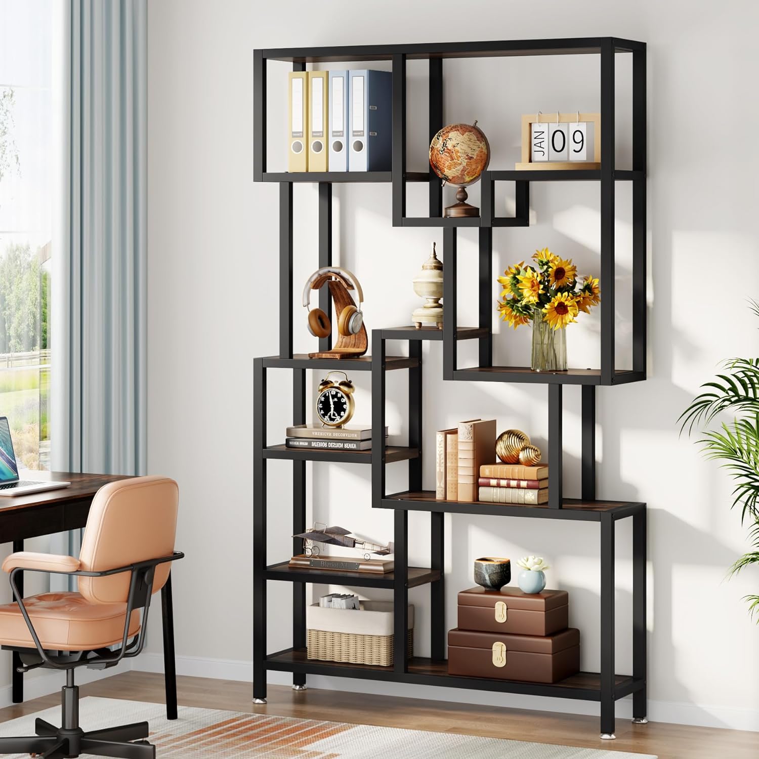 180 cm Hoge Boekenkast, Industriële Boekenplank met Zeven Open Planken voor Woonkamer